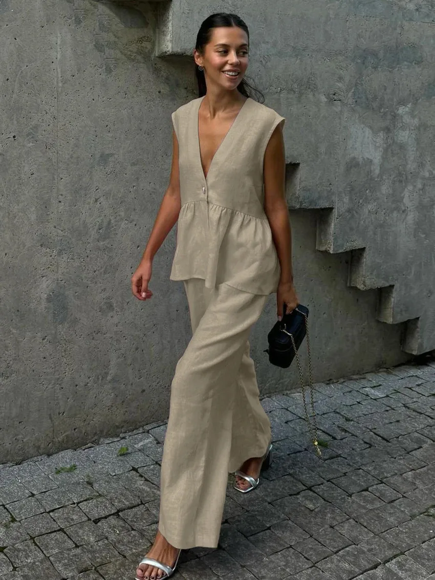 Cotton V-neck Sleeveless Top Vest Pants Suit Women's  New Solid Color Elegant Commuter Two-piece Set display picture 7