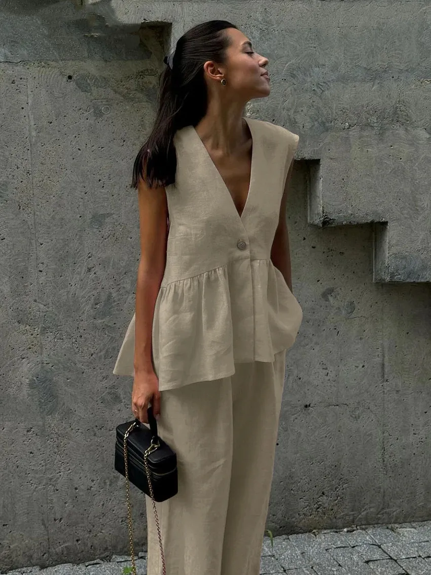 Cotton V-neck Sleeveless Top Vest Pants Suit Women's  New Solid Color Elegant Commuter Two-piece Set display picture 8
