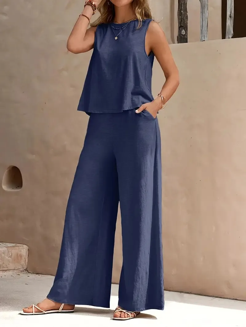 Europe And The United States  Solid Color Elegant Two-piece Crew Neck Vest And Wide Leg Pants Suit Women's Clothing display picture 2
