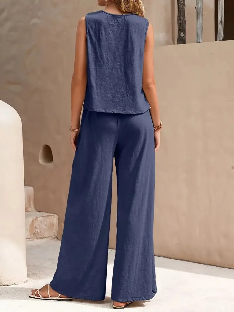 Europe And The United States  Solid Color Elegant Two-piece Crew Neck Vest And Wide Leg Pants Suit Women's Clothing display picture 3