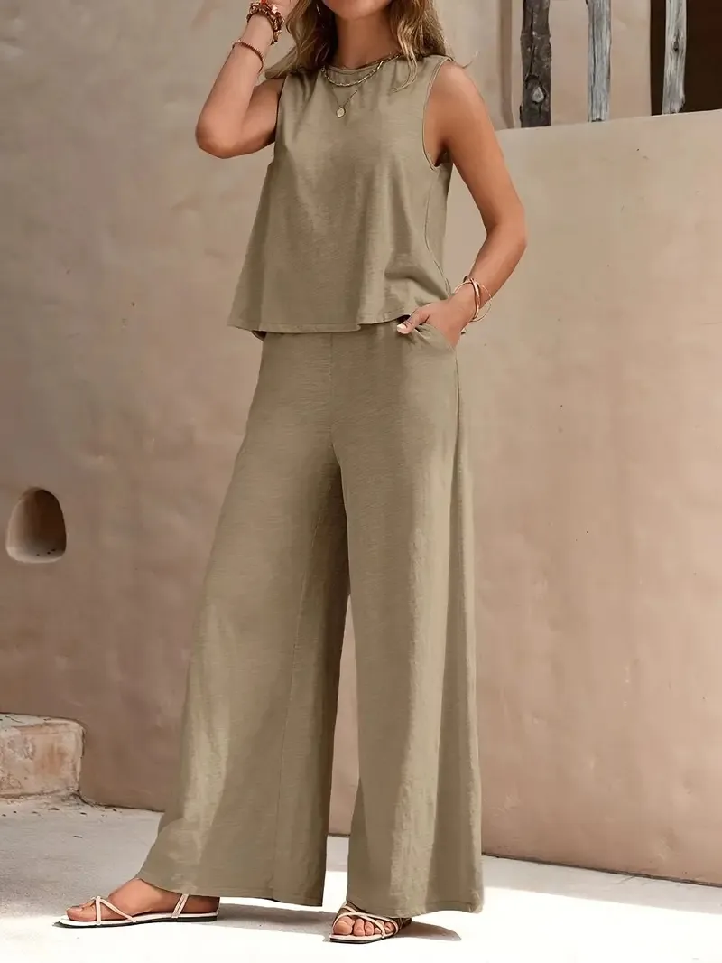 Europe And The United States  Solid Color Elegant Two-piece Crew Neck Vest And Wide Leg Pants Suit Women's Clothing display picture 4