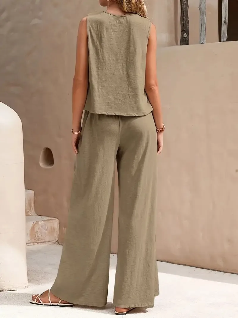 Europe And The United States  Solid Color Elegant Two-piece Crew Neck Vest And Wide Leg Pants Suit Women's Clothing display picture 5