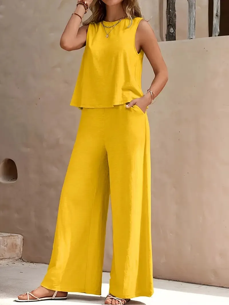 Europe And The United States  Solid Color Elegant Two-piece Crew Neck Vest And Wide Leg Pants Suit Women's Clothing display picture 6