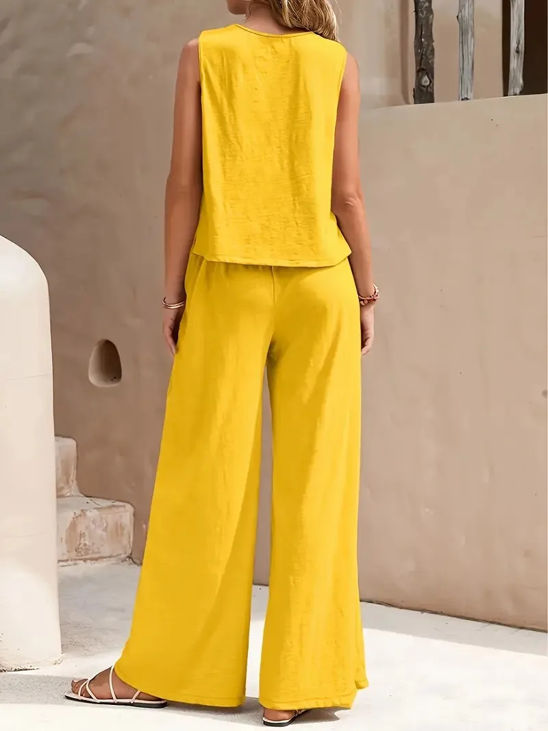 Europe And The United States  Solid Color Elegant Two-piece Crew Neck Vest And Wide Leg Pants Suit Women's Clothing display picture 7