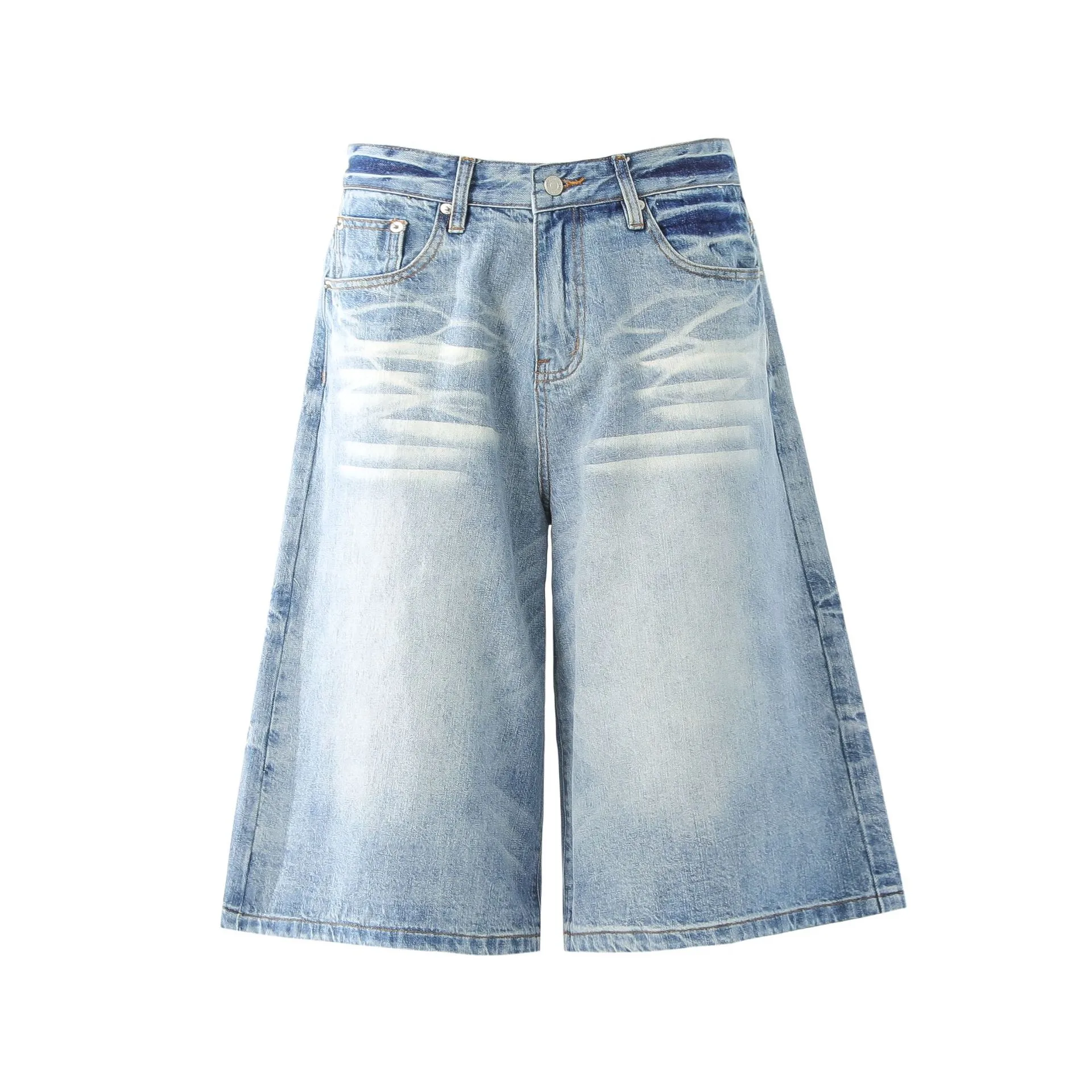 Jiayiku Trendy Summer Shorts American Retro Washed Denim Straight-Leg Unisex Personality Simple Cropped Pants display picture 7