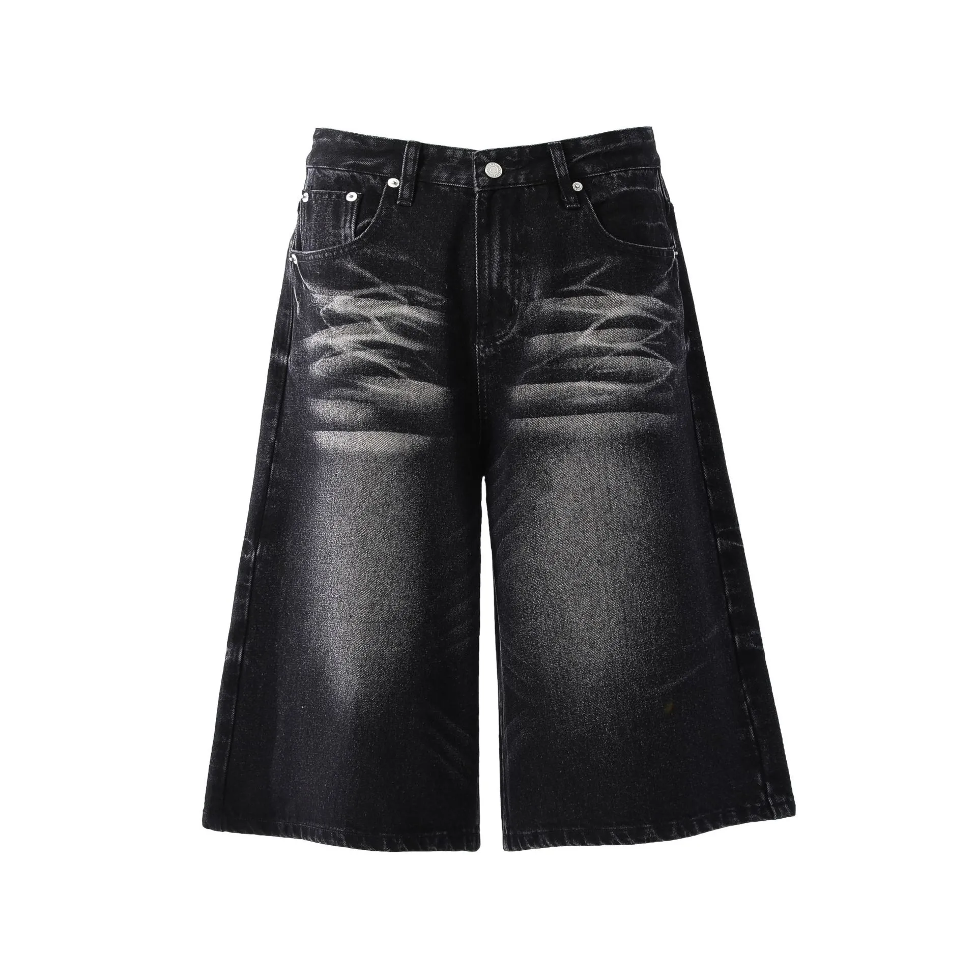 Jiayiku Trendy Summer Shorts American Retro Washed Denim Straight-Leg Unisex Personality Simple Cropped Pants display picture 11