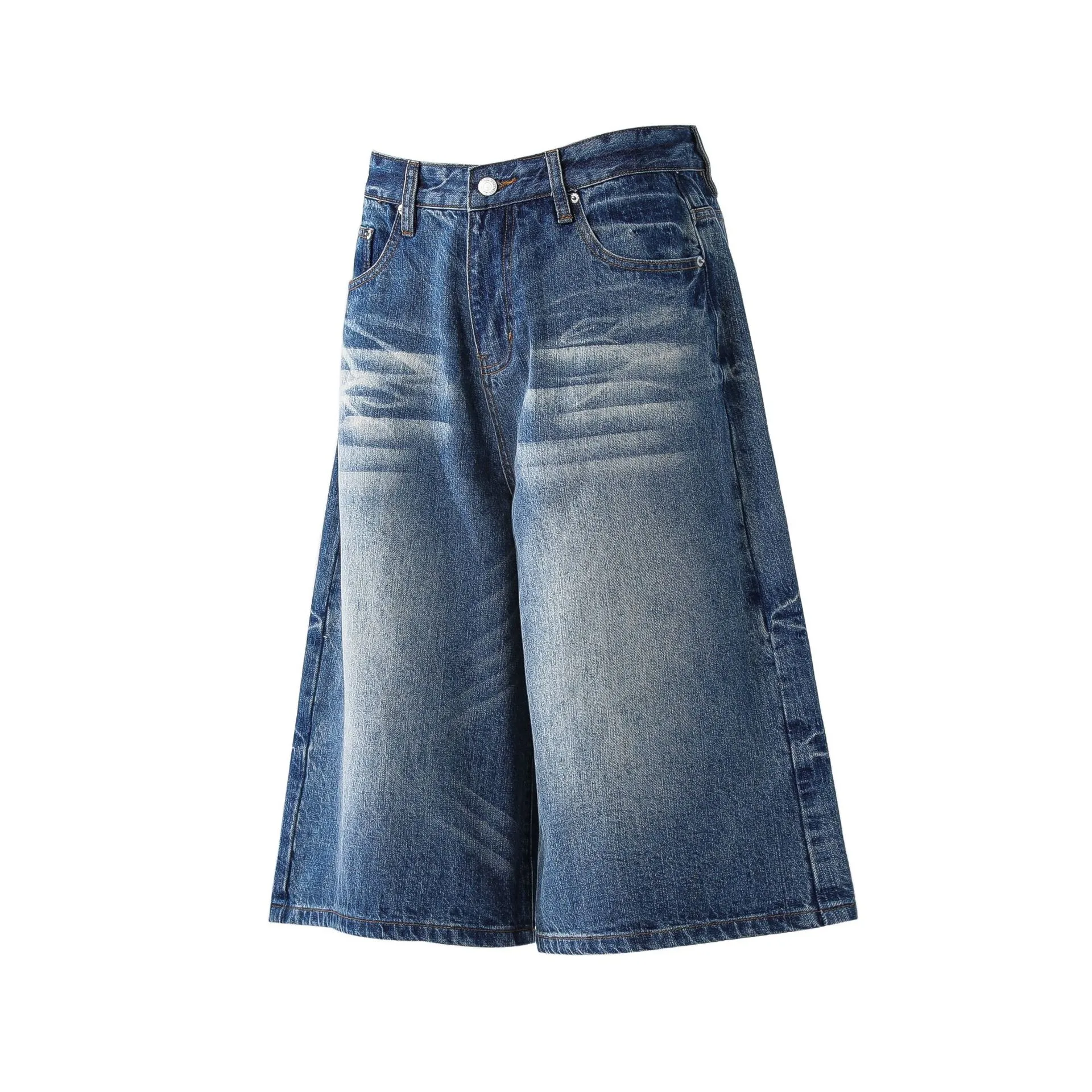 Jiayiku Trendy Summer Shorts American Retro Washed Denim Straight-Leg Unisex Personality Simple Cropped Pants display picture 4
