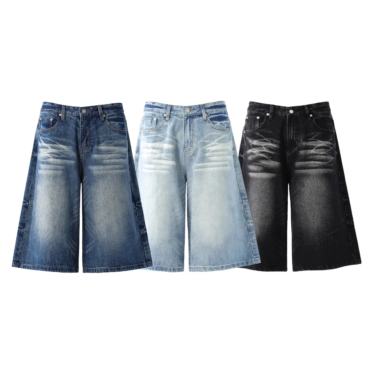 Jiayiku Trendy Summer Shorts American Retro Washed Denim Straight-Leg Unisex Personality Simple Cropped Pants display picture 2