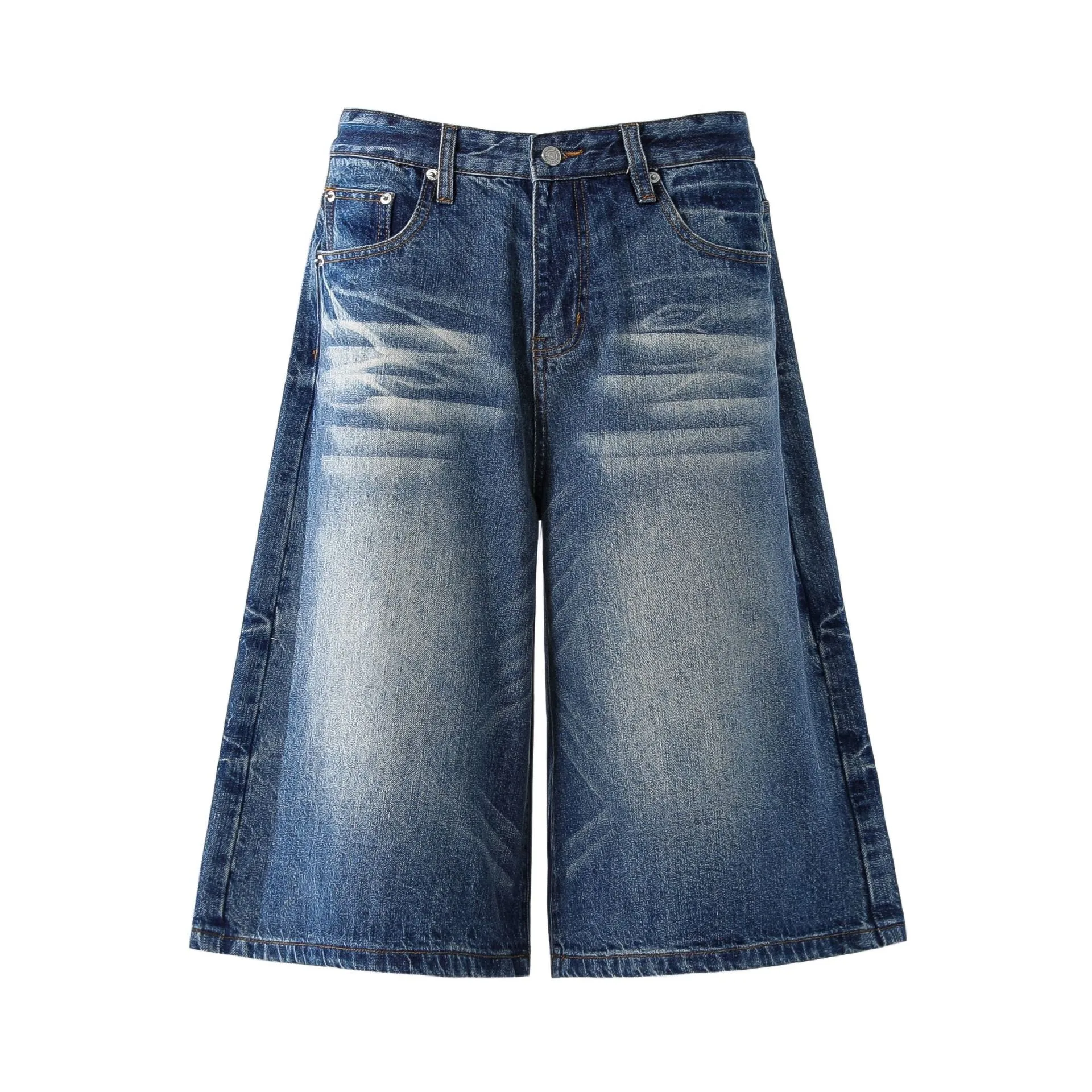 Jiayiku Trendy Summer Shorts American Retro Washed Denim Straight-Leg Unisex Personality Simple Cropped Pants display picture 3