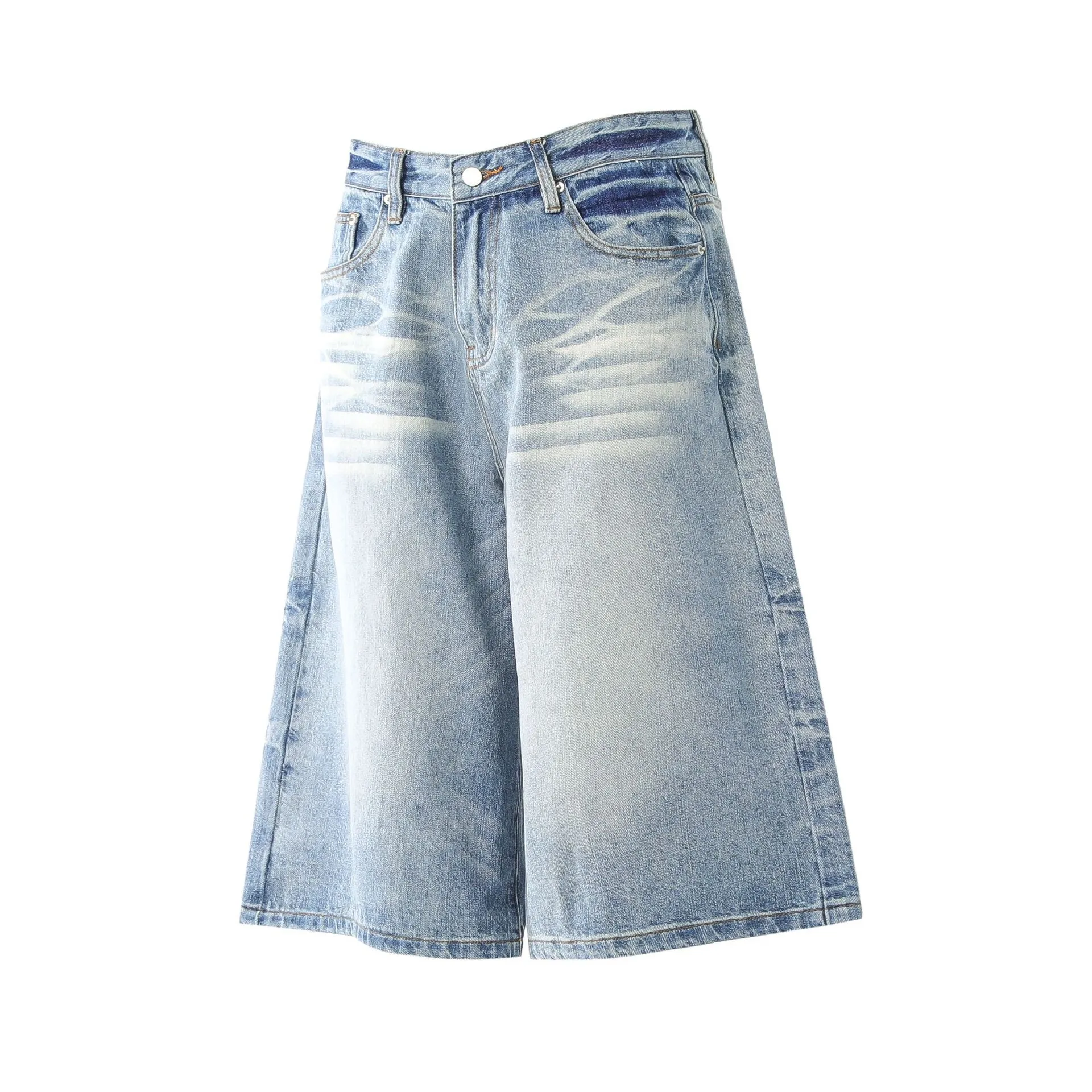 Jiayiku Trendy Summer Shorts American Retro Washed Denim Straight-Leg Unisex Personality Simple Cropped Pants display picture 8