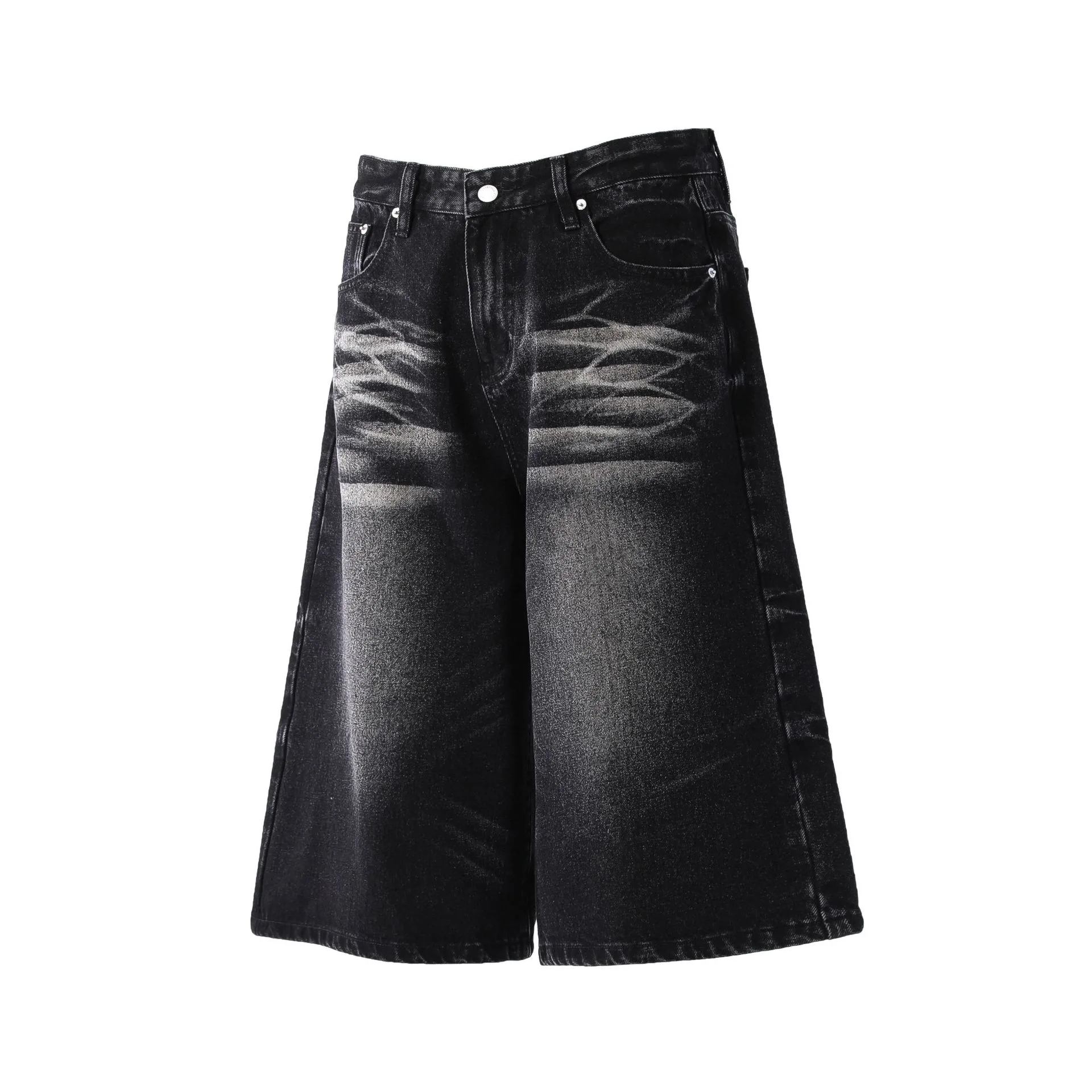 Jiayiku Trendy Summer Shorts American Retro Washed Denim Straight-Leg Unisex Personality Simple Cropped Pants display picture 12