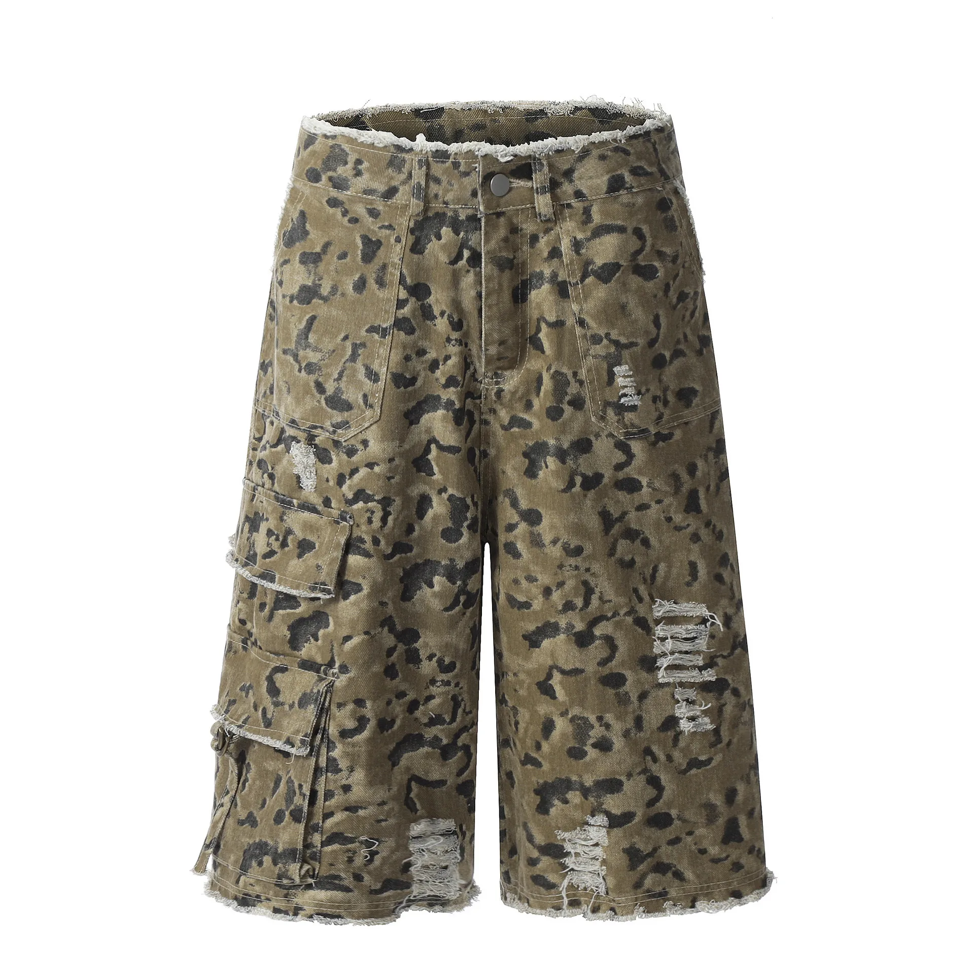 Jiayiku Men's Leopard Print Camouflage Capri Pants American Washed Rough Edge Jeans Men's And Women's Loose Straight Short Pants display picture 3