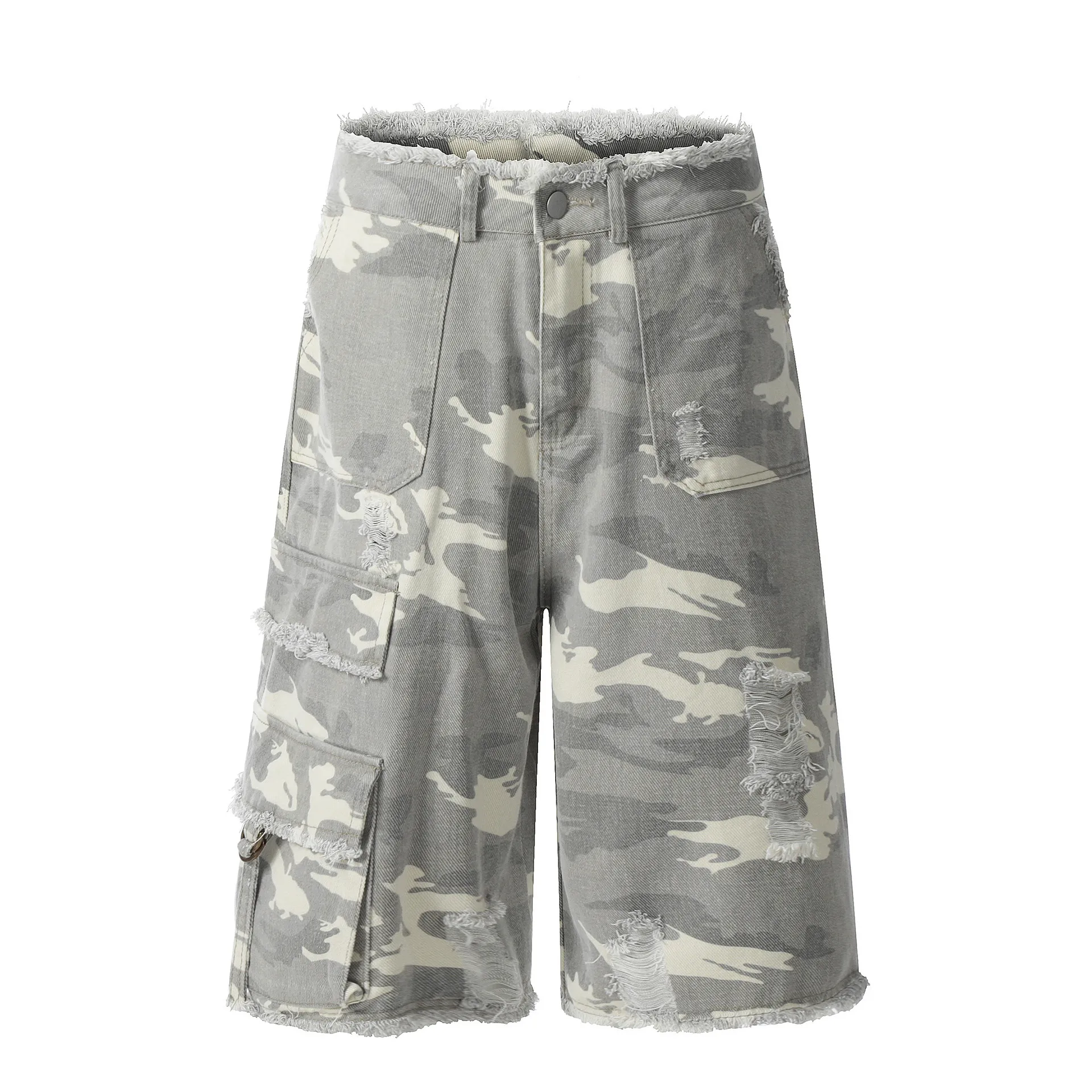 Jiayiku Men's Leopard Print Camouflage Capri Pants American Washed Rough Edge Jeans Men's And Women's Loose Straight Short Pants display picture 6
