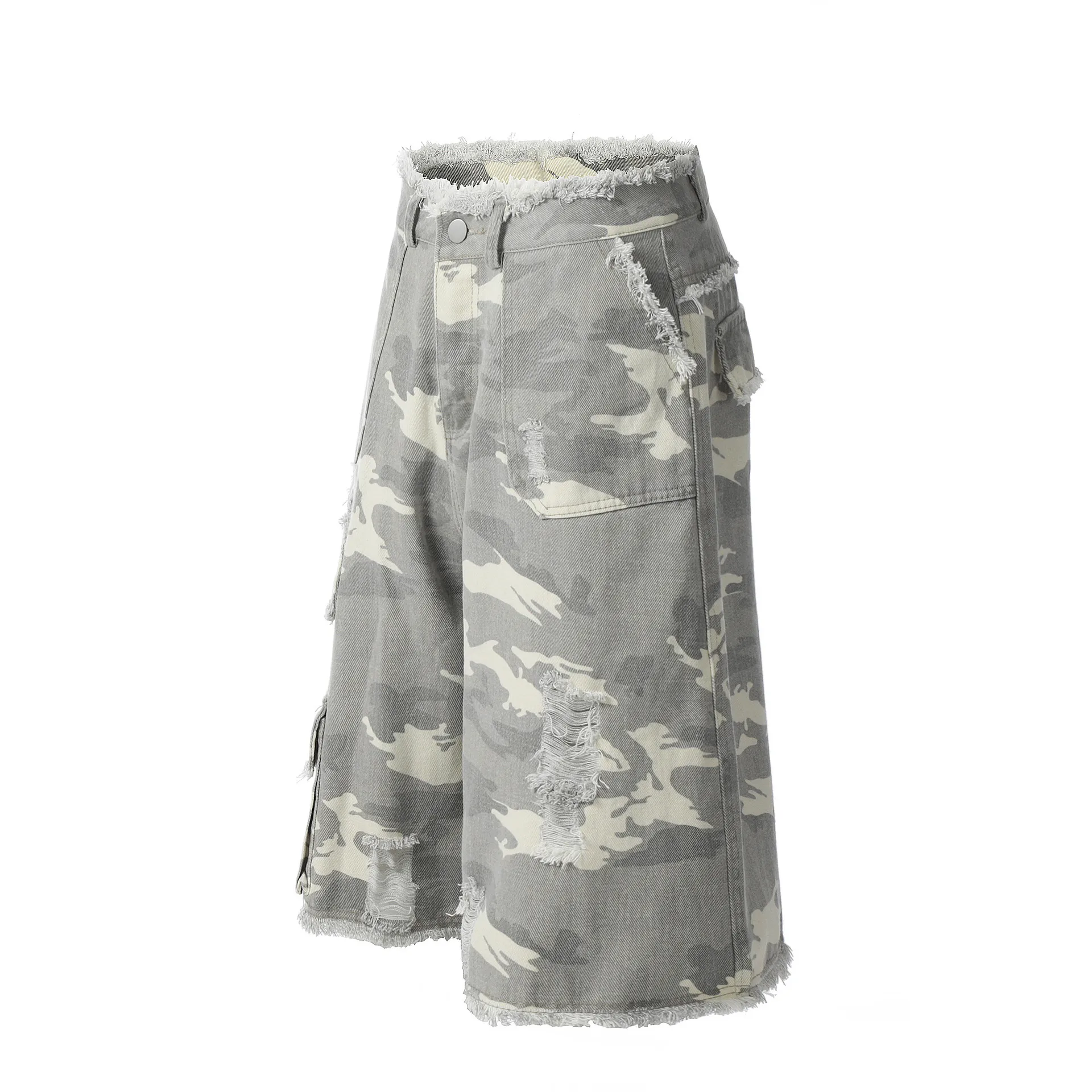 Jiayiku Men's Leopard Print Camouflage Capri Pants American Washed Rough Edge Jeans Men's And Women's Loose Straight Short Pants display picture 7