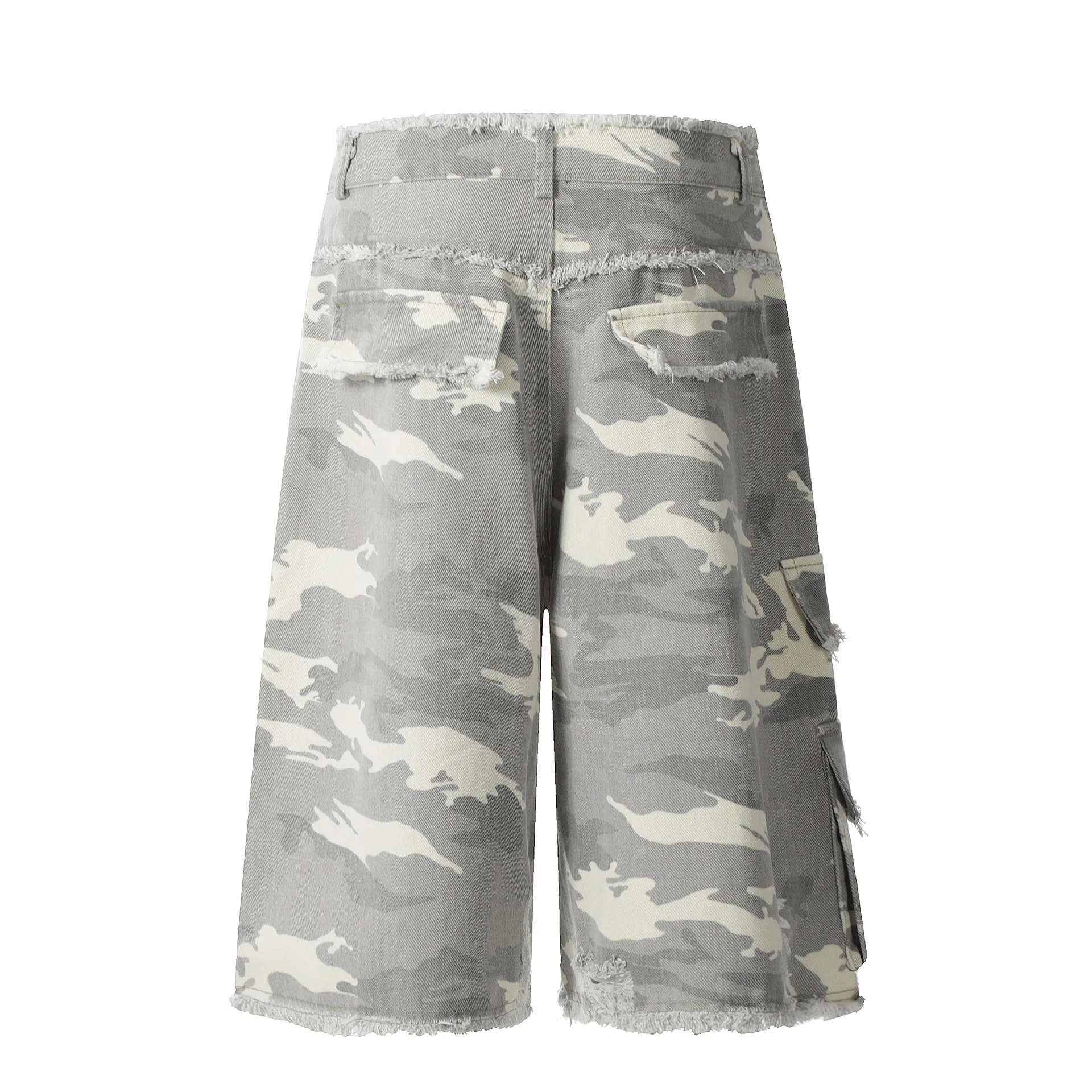 Jiayiku Men's Leopard Print Camouflage Capri Pants American Washed Rough Edge Jeans Men's And Women's Loose Straight Short Pants display picture 8
