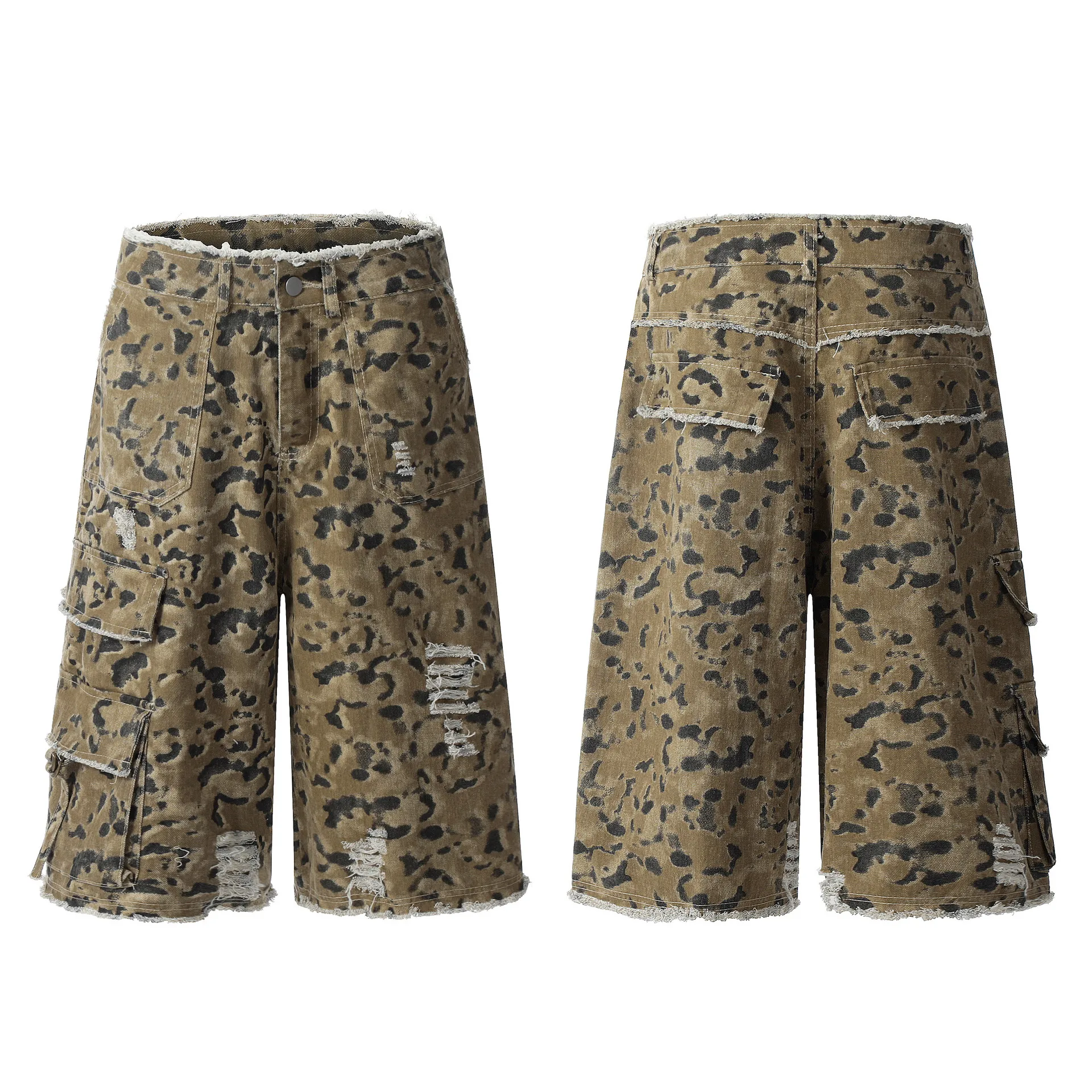 Jiayiku Men's Leopard Print Camouflage Capri Pants American Washed Rough Edge Jeans Men's And Women's Loose Straight Short Pants display picture 9
