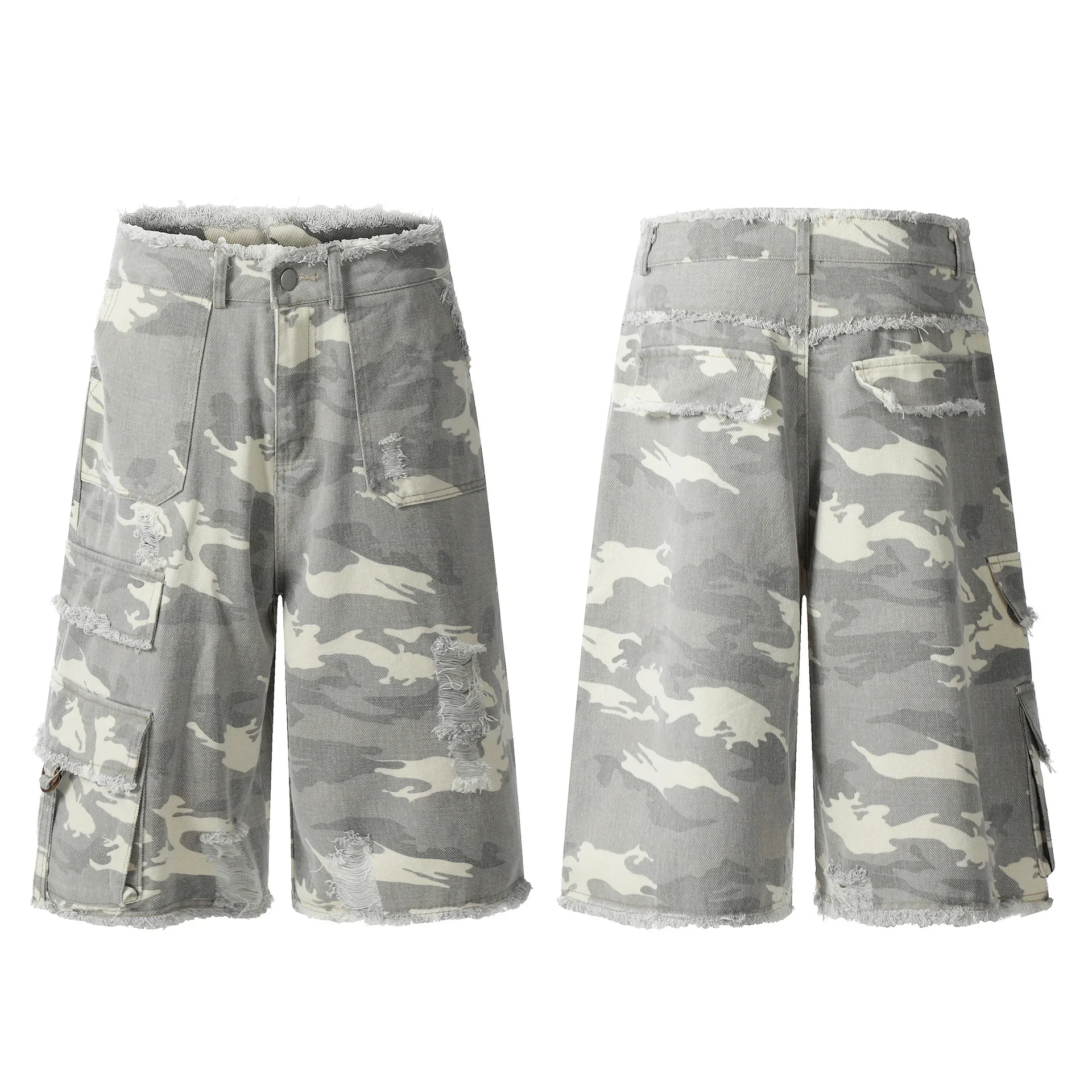 Jiayiku Men's Leopard Print Camouflage Capri Pants American Washed Rough Edge Jeans Men's And Women's Loose Straight Short Pants display picture 10
