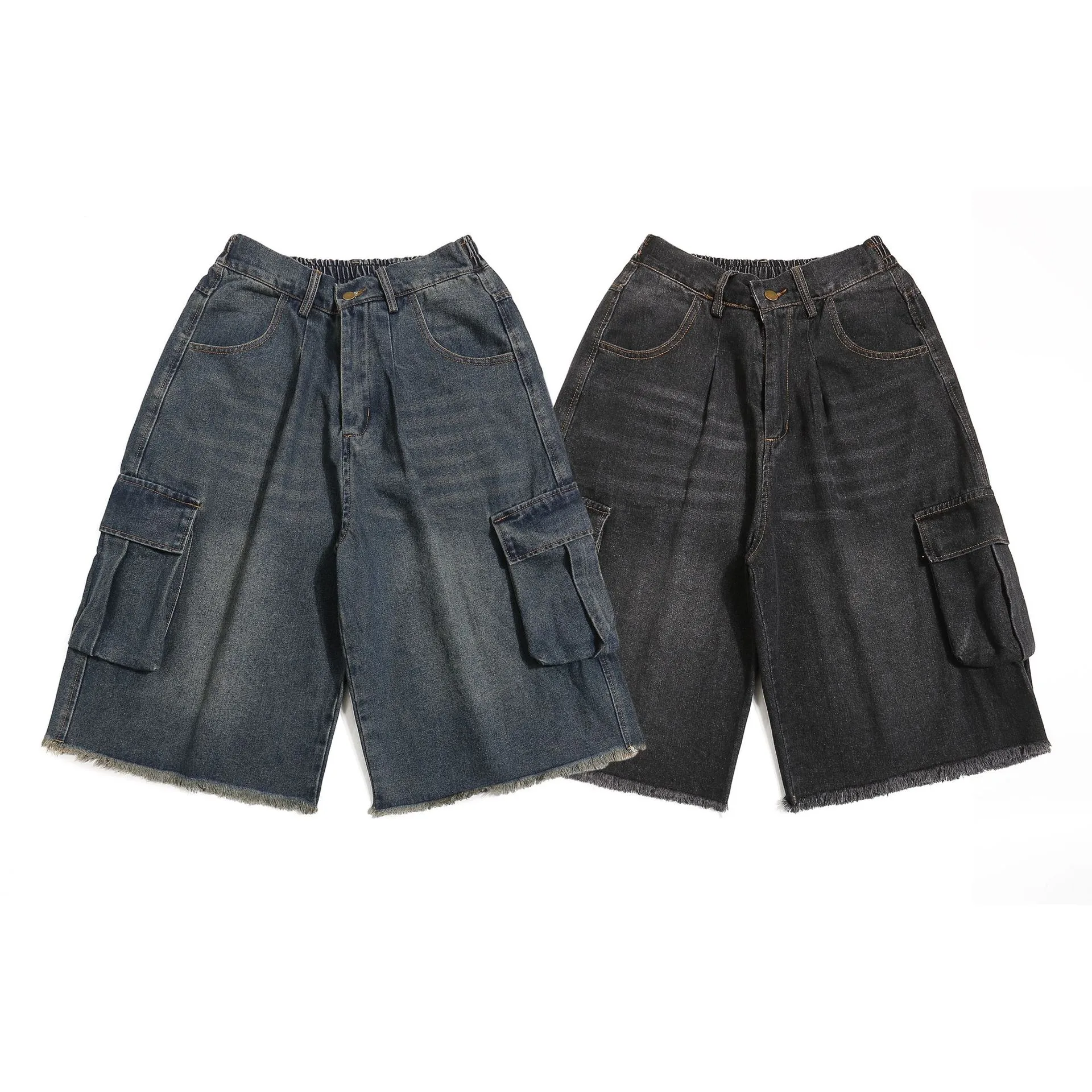 Jiayiku Men's  New American Style Retro Washed Rough Edge Tooling Denim Shorts Loose Straight Pants display picture 2