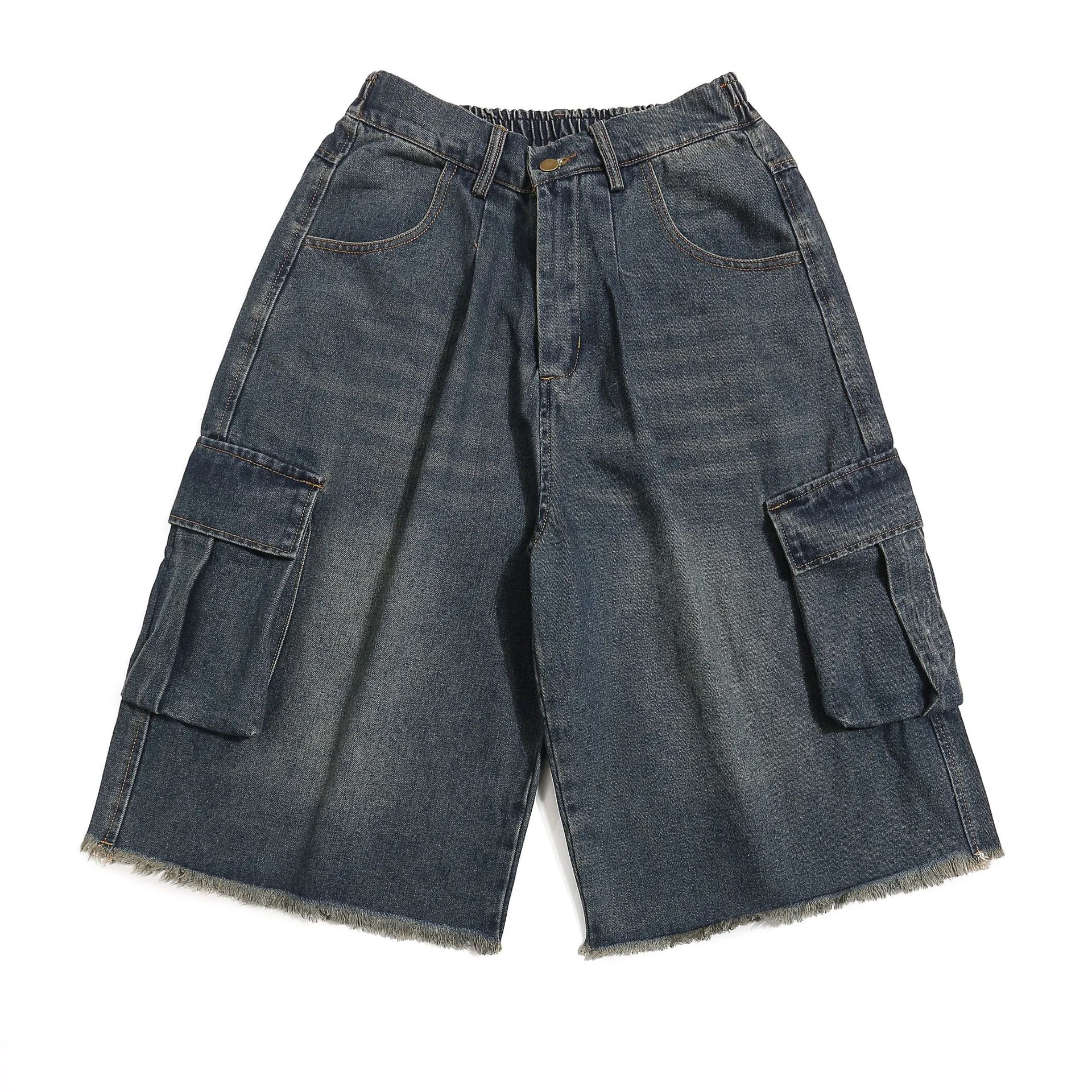 Jiayiku Men's  New American Style Retro Washed Rough Edge Tooling Denim Shorts Loose Straight Pants display picture 3