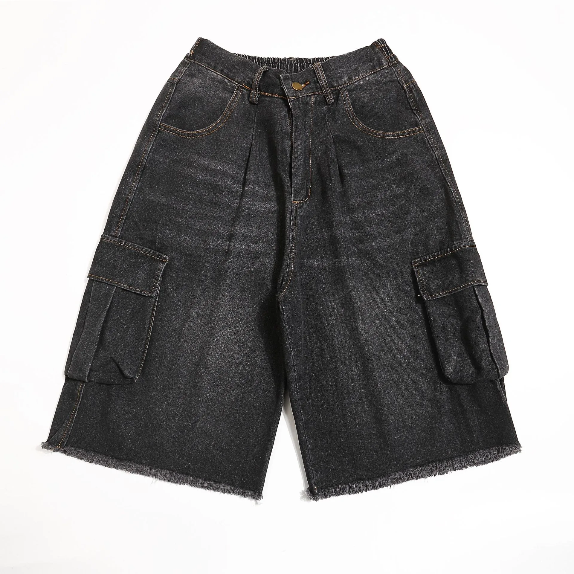 Jiayiku Men's  New American Style Retro Washed Rough Edge Tooling Denim Shorts Loose Straight Pants display picture 5