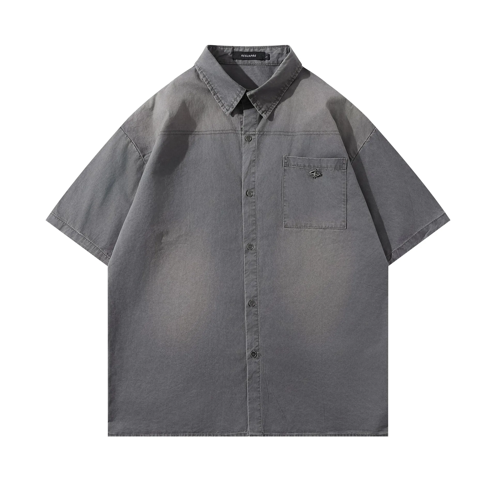 Jiayiku Men's Clothing  New Retro Fashion Brand Shirt Washed And Distressed Handsome National Trend Shirt Short-Sleeved Men And Women display picture 5