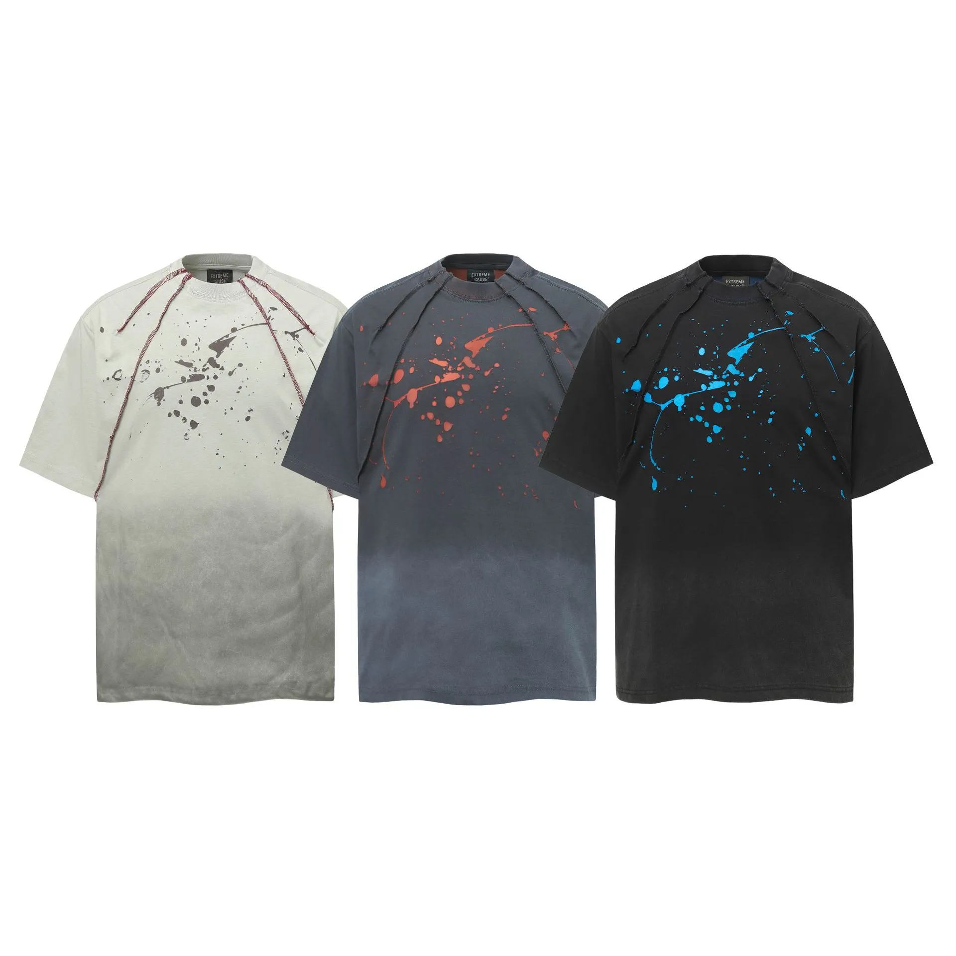 Jiayiku  Summer T-Shirt Men's American Retro Trendy Brand Burnt Flower Hole Heavy Industry Raw Edge Washed T-Shirt Short-Sleeved Men display picture 2