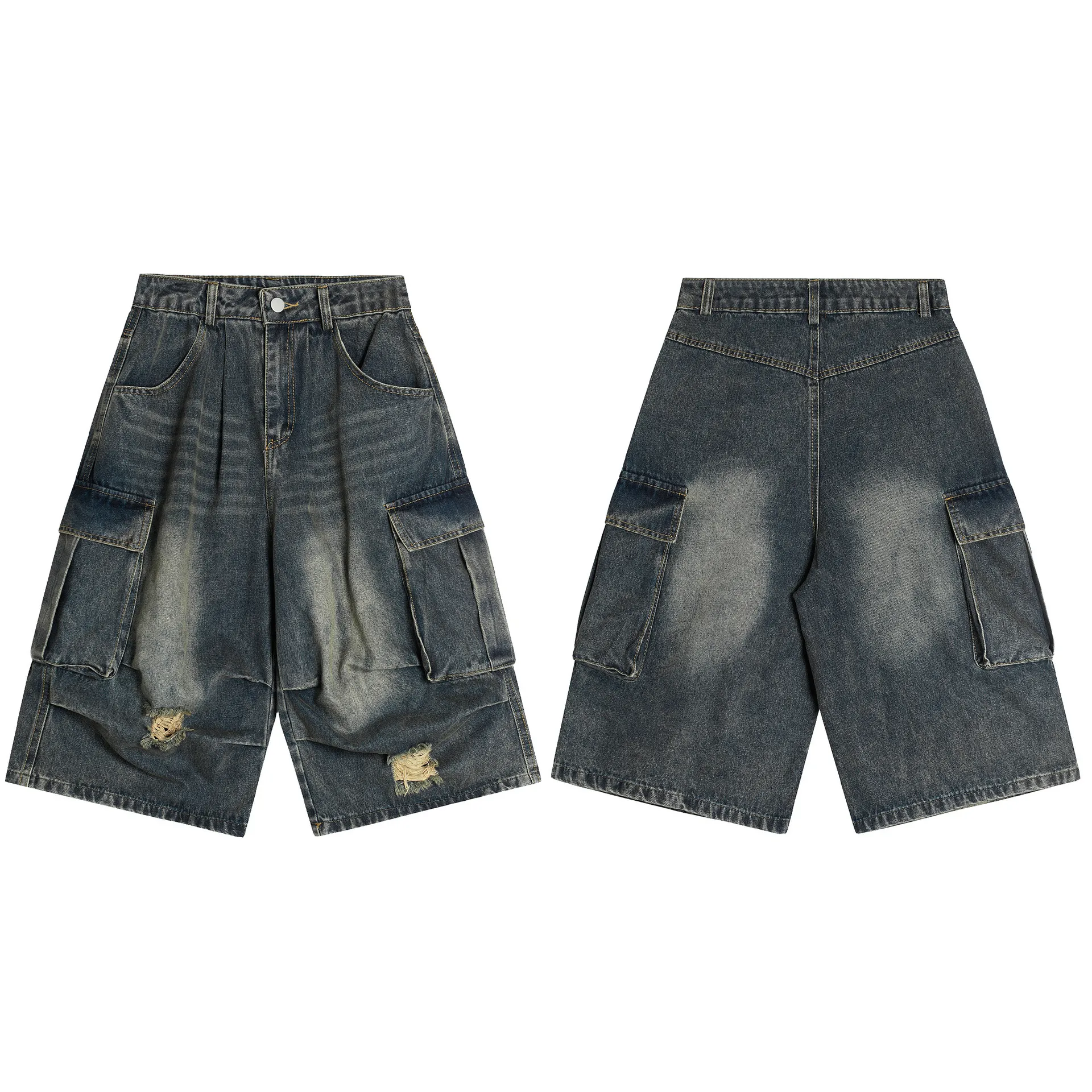 Jiayiku Fashion Brand Summer Denim Pants American Vintage Washed Rough Denim Shorts Loose Tooling Pants display picture 2