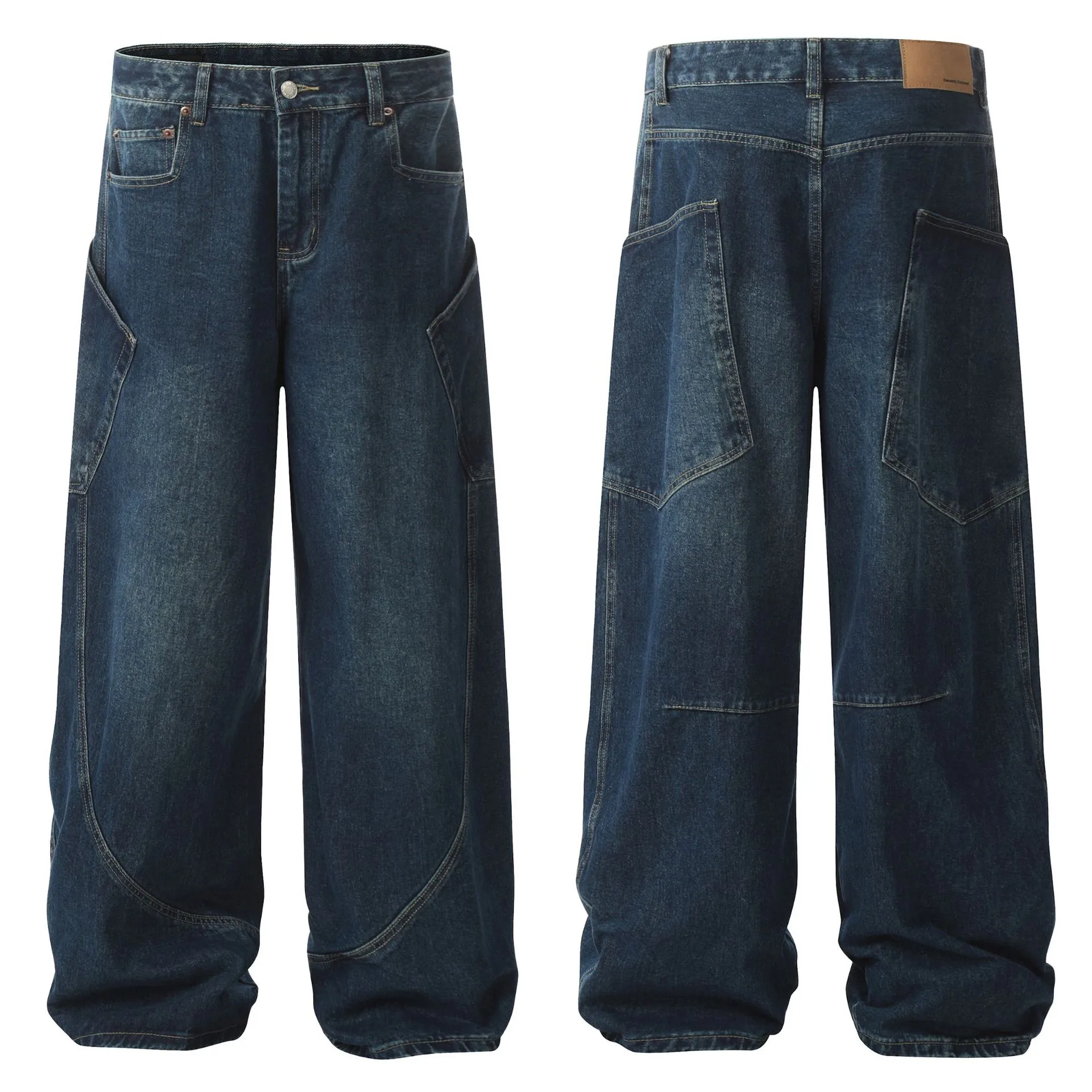 Jiayiku Men's  American High Street Retro Washed Jeans Loose Vibe Scimitar Wide Leg Pants For Men And Women display picture 2