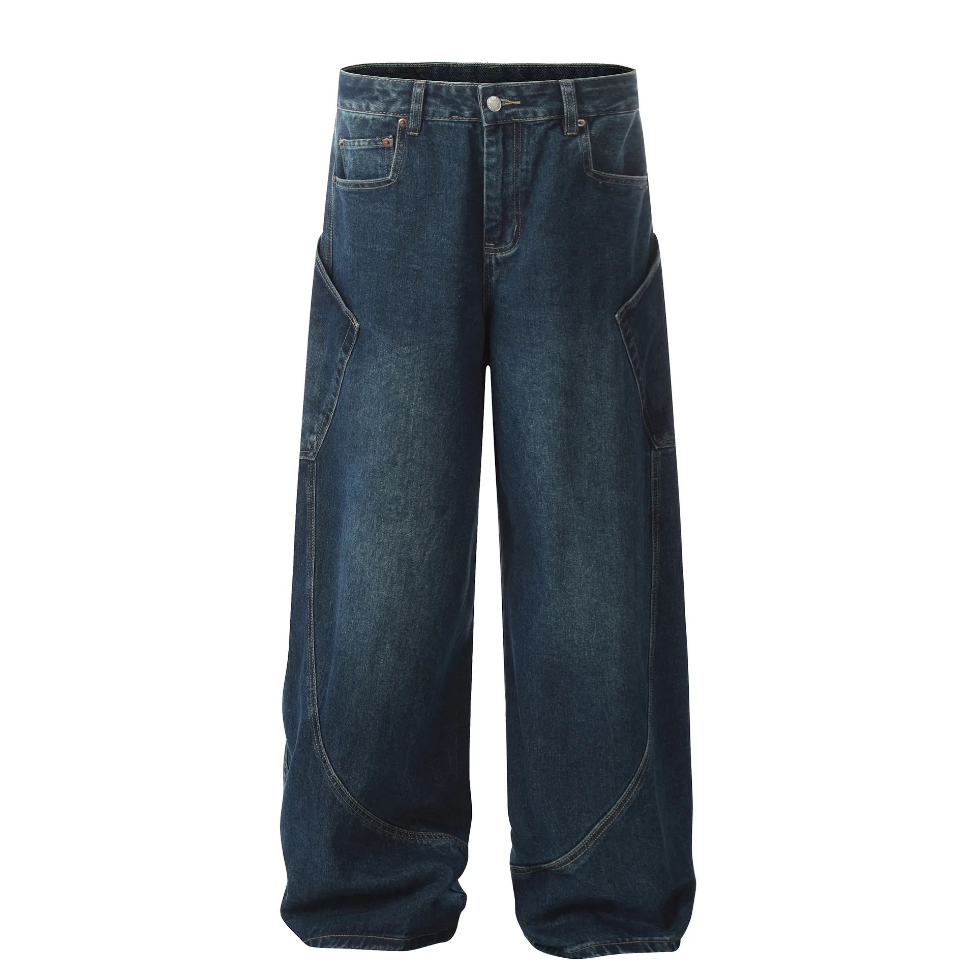 Jiayiku Men's  American High Street Retro Washed Jeans Loose Vibe Scimitar Wide Leg Pants For Men And Women display picture 3