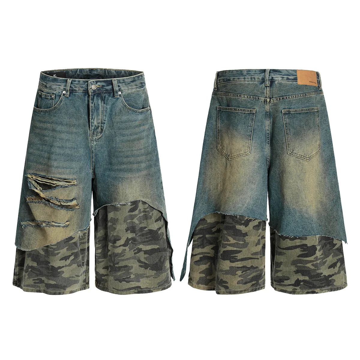 Jiayiku Trendy Brand   High Street Vibe Camouflage Denim Shorts Men's Ro Trendy Fake Two-Piece Ripped Cropped Pants display picture 2