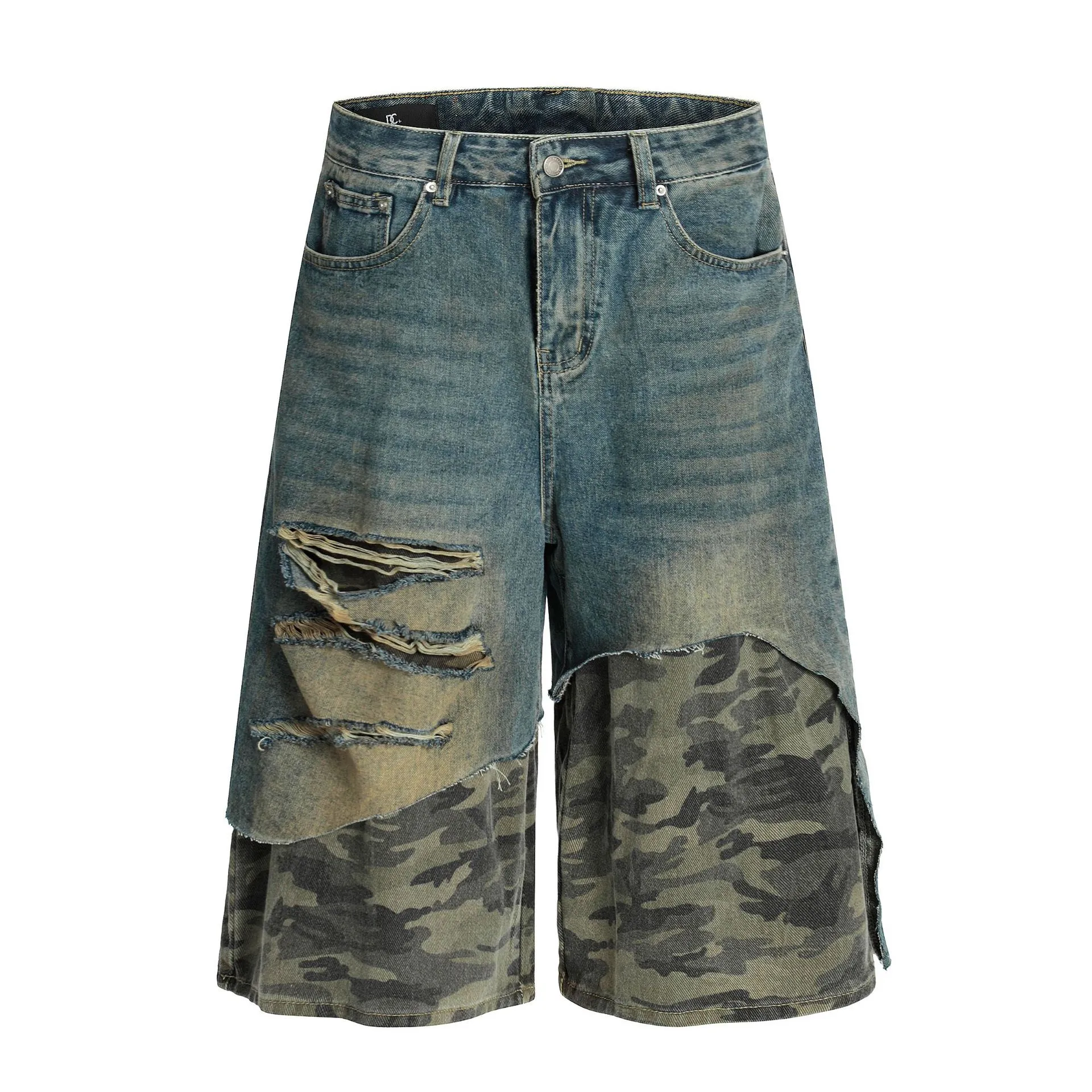 Jiayiku Trendy Brand   High Street Vibe Camouflage Denim Shorts Men's Ro Trendy Fake Two-Piece Ripped Cropped Pants display picture 3