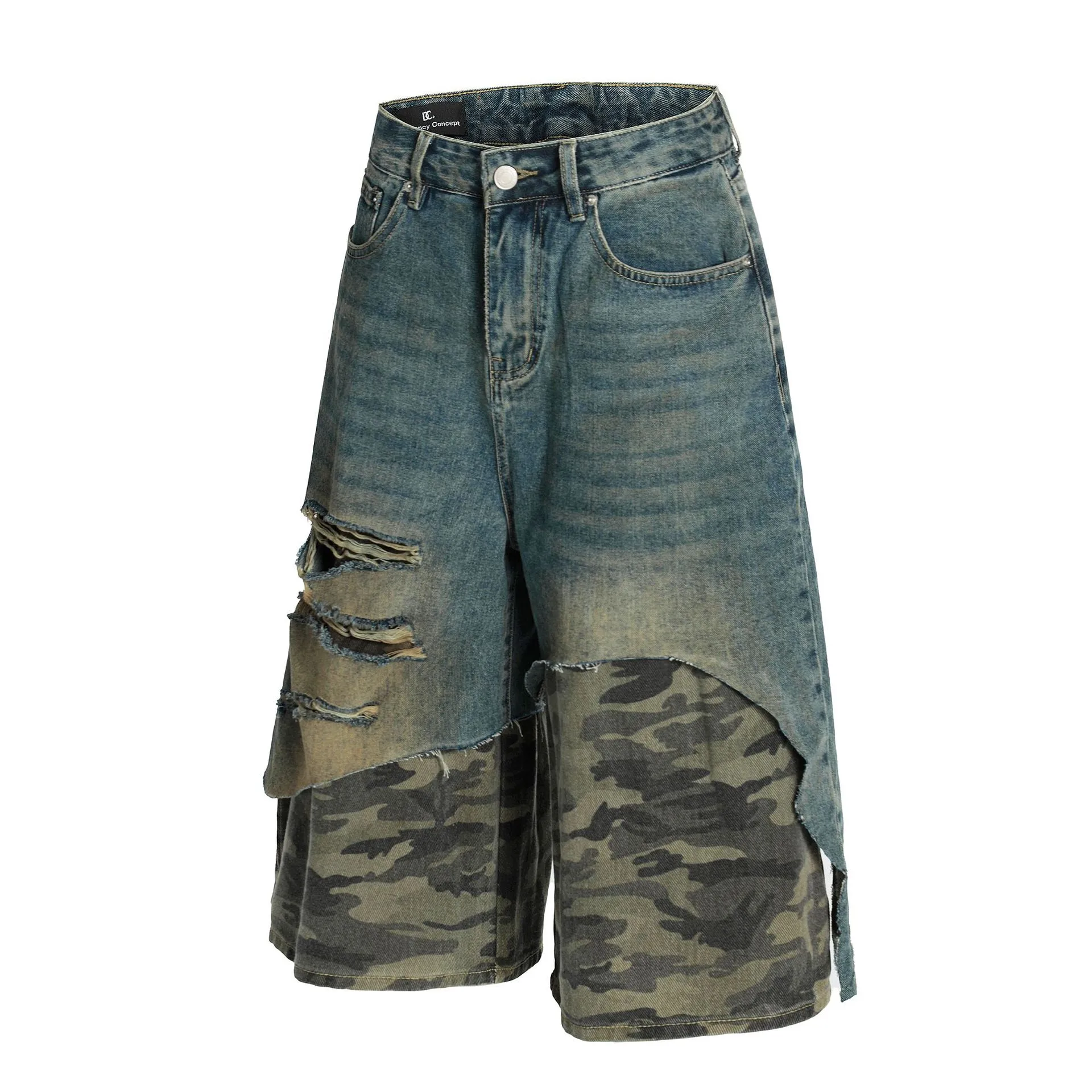 Jiayiku Trendy Brand   High Street Vibe Camouflage Denim Shorts Men's Ro Trendy Fake Two-Piece Ripped Cropped Pants display picture 4