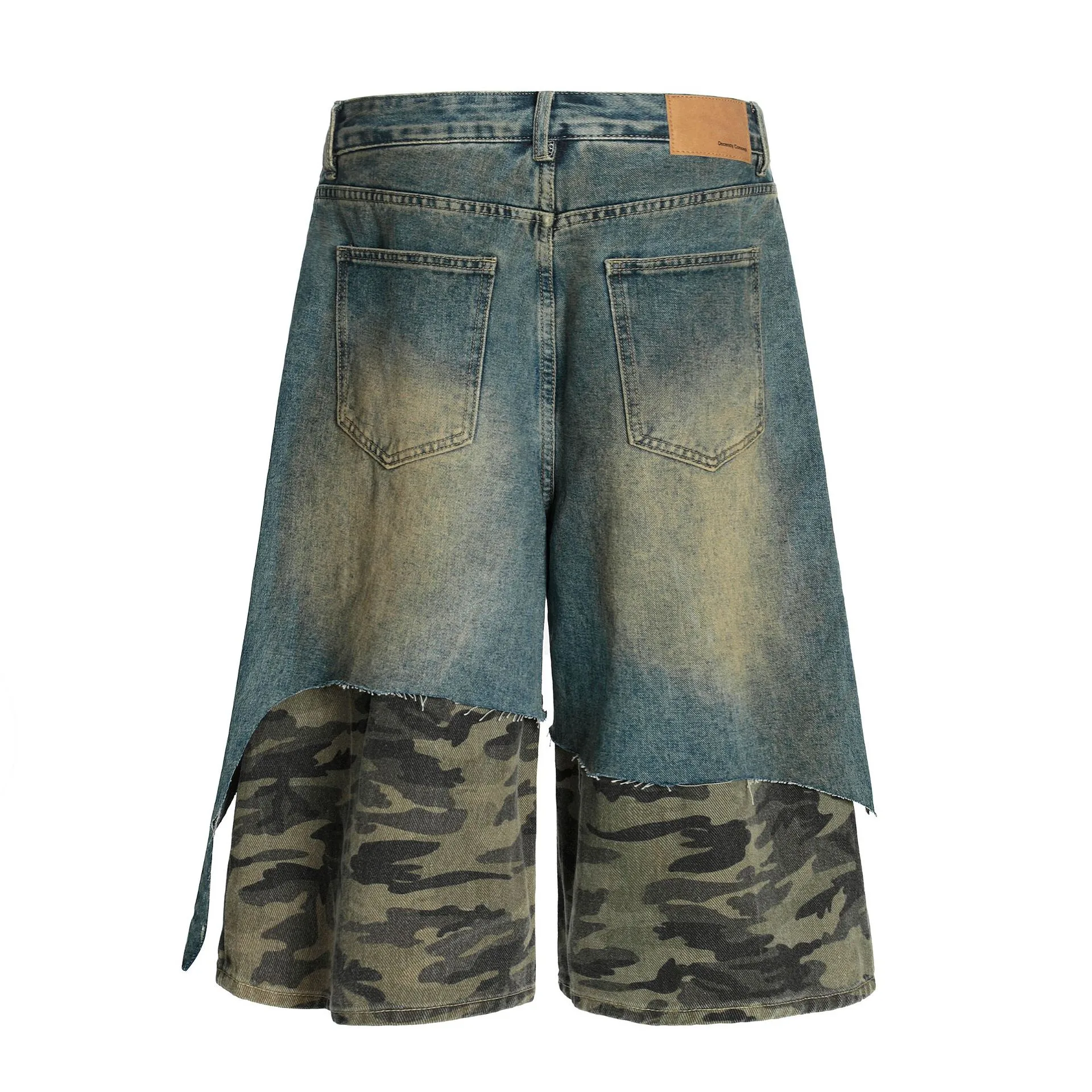 Jiayiku Trendy Brand   High Street Vibe Camouflage Denim Shorts Men's Ro Trendy Fake Two-Piece Ripped Cropped Pants display picture 5