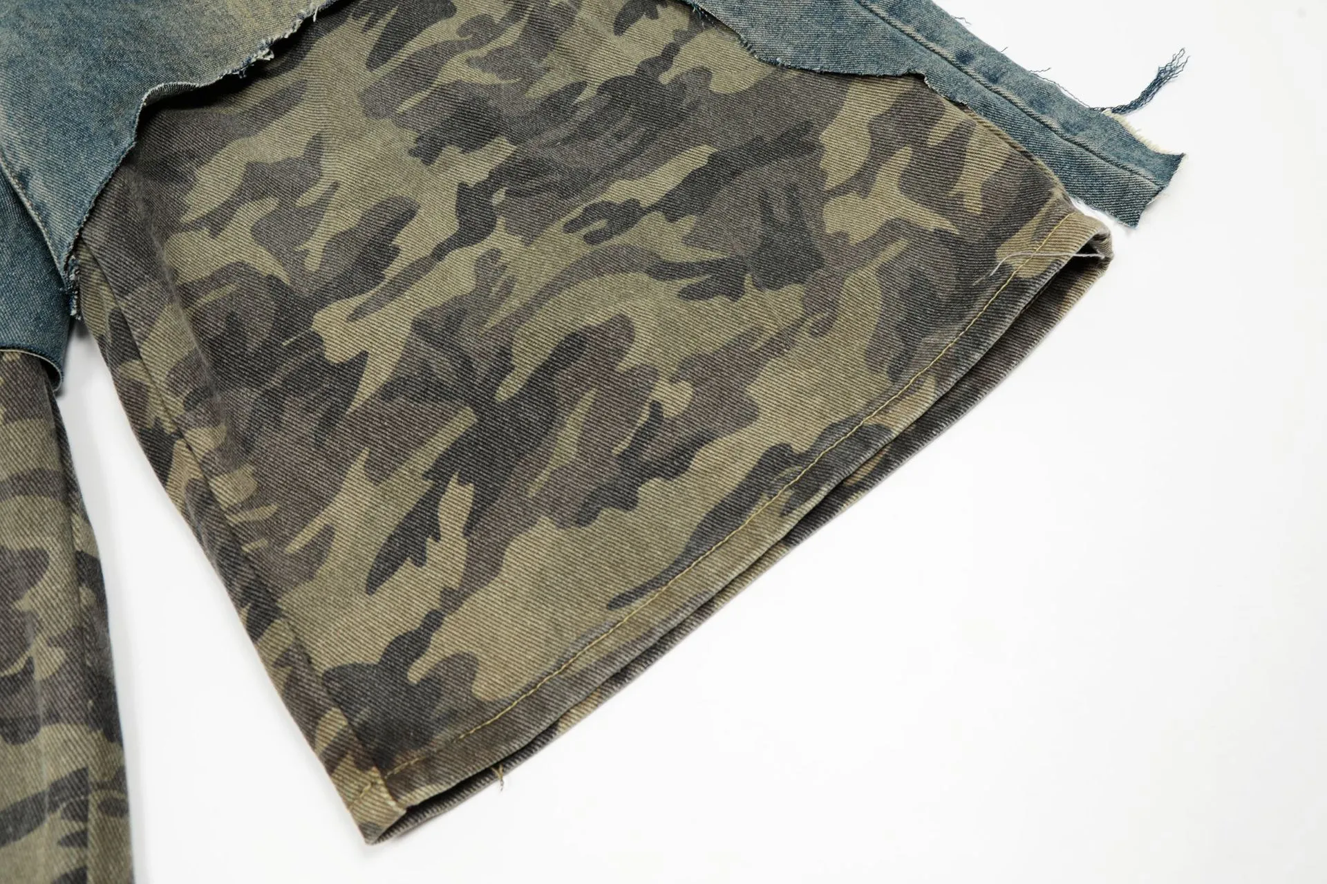 Jiayiku Trendy Brand   High Street Vibe Camouflage Denim Shorts Men's Ro Trendy Fake Two-Piece Ripped Cropped Pants display picture 9