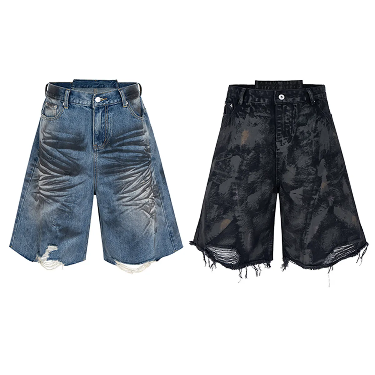 Jiayiku Men's Wear Waste Soil Dirty Dyed American High Street Heavy Washing Destruction Denim Pants Men's Wide Leg Shorts display picture 2