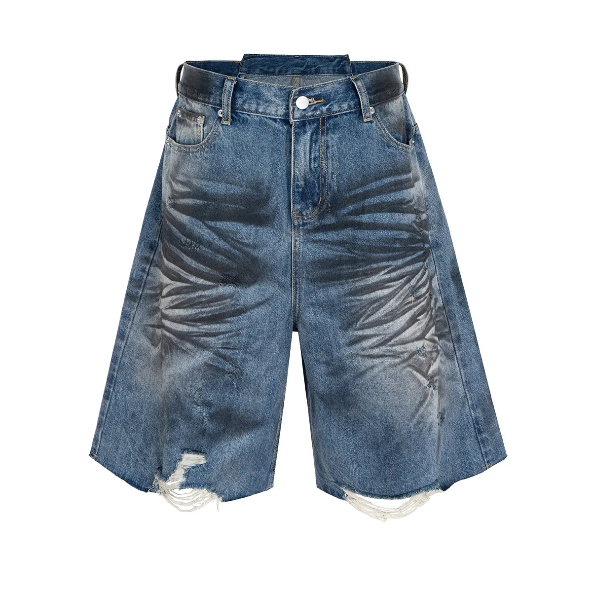 Jiayiku Men's Wear Waste Soil Dirty Dyed American High Street Heavy Washing Destruction Denim Pants Men's Wide Leg Shorts display picture 3