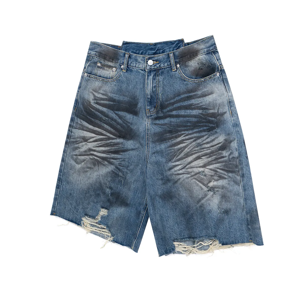 Jiayiku Men's Wear Waste Soil Dirty Dyed American High Street Heavy Washing Destruction Denim Pants Men's Wide Leg Shorts display picture 5