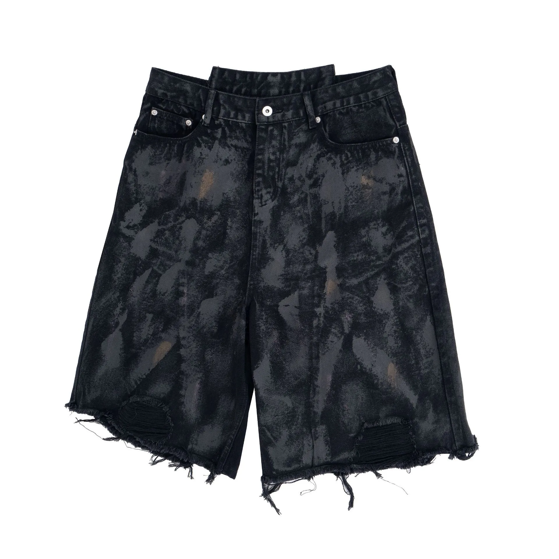 Jiayiku Men's Wear Waste Soil Dirty Dyed American High Street Heavy Washing Destruction Denim Pants Men's Wide Leg Shorts display picture 9