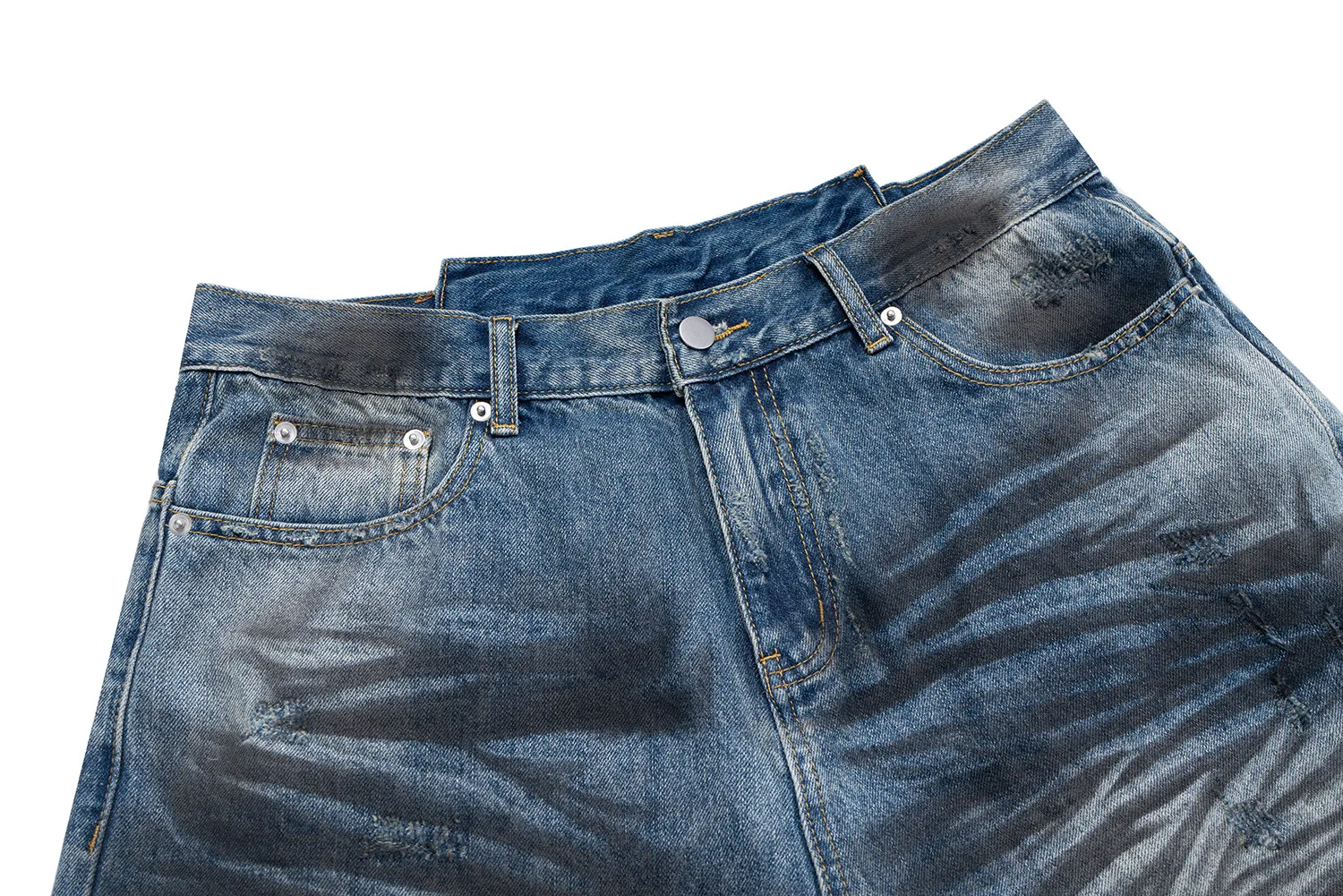 Jiayiku Men's Wear Waste Soil Dirty Dyed American High Street Heavy Washing Destruction Denim Pants Men's Wide Leg Shorts display picture 12