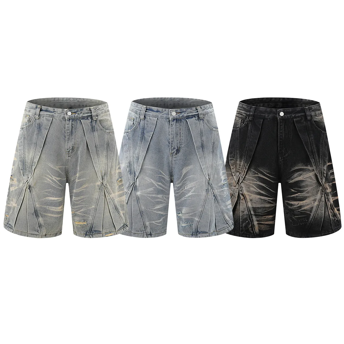 Jiayiku Men's  Summer New Style Niche Pleated Design Washed Denim Shirt Handsome Jacket Short Sleeve display picture 3