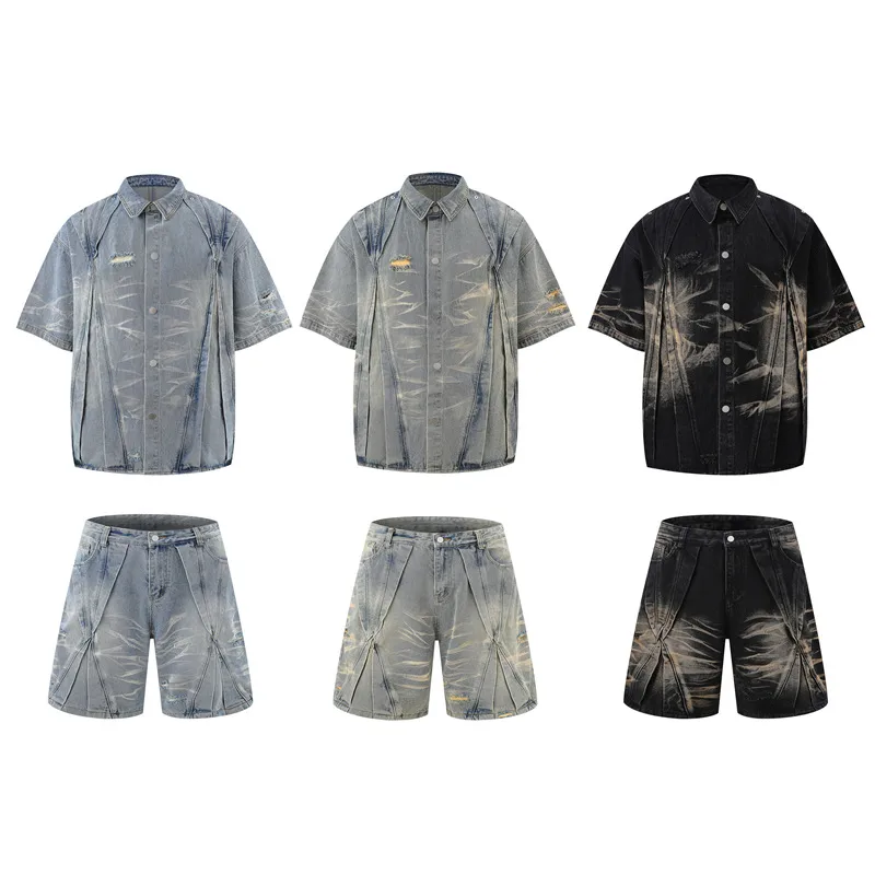 Jiayiku Men's  Summer New Style Niche Pleated Design Washed Denim Shirt Handsome Jacket Short Sleeve display picture 1