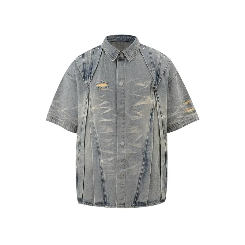 Jiayiku Men's  Summer New Style Niche Pleated Design Washed Denim Shirt Handsome Jacket Short Sleeve display picture 4