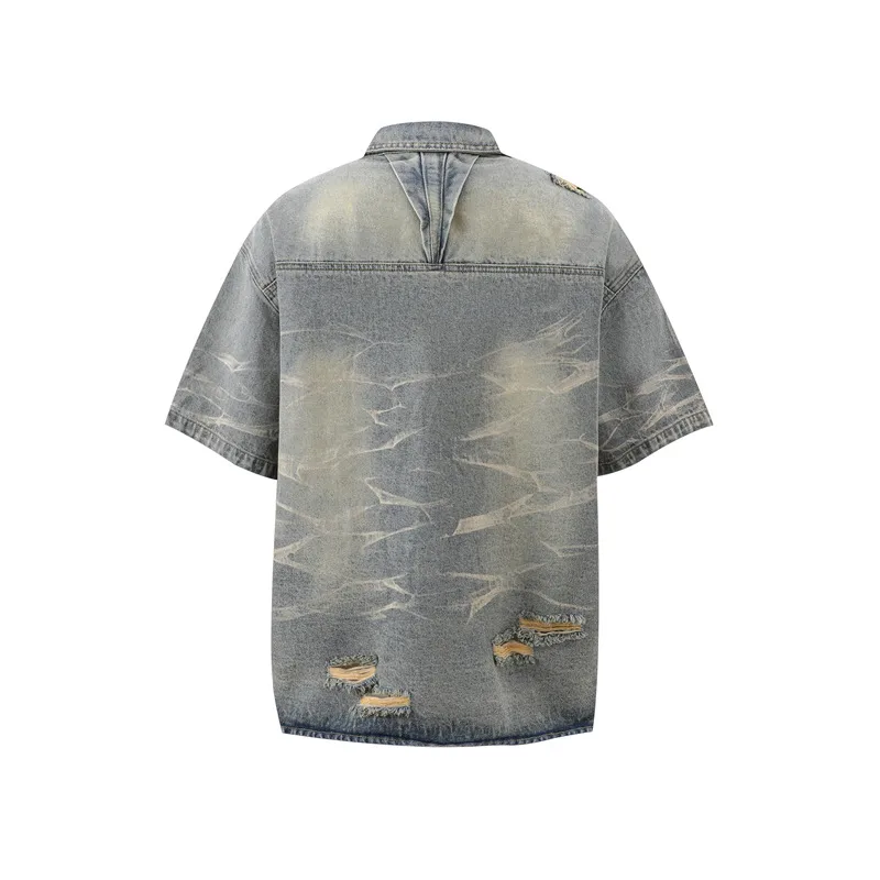 Jiayiku Men's  Summer New Style Niche Pleated Design Washed Denim Shirt Handsome Jacket Short Sleeve display picture 5