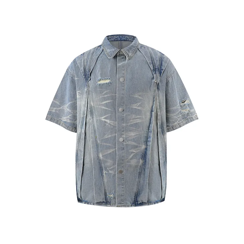 Jiayiku Men's  Summer New Style Niche Pleated Design Washed Denim Shirt Handsome Jacket Short Sleeve display picture 6