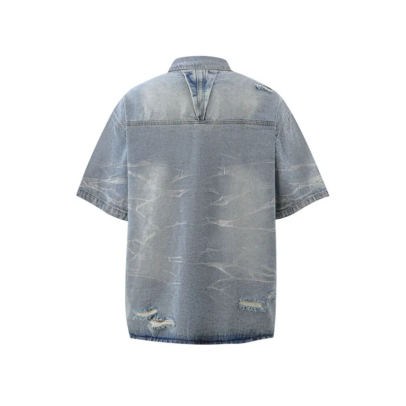 Jiayiku Men's  Summer New Style Niche Pleated Design Washed Denim Shirt Handsome Jacket Short Sleeve display picture 7