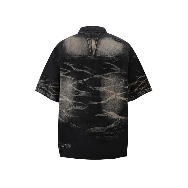 Jiayiku Men's  Summer New Style Niche Pleated Design Washed Denim Shirt Handsome Jacket Short Sleeve display picture 9