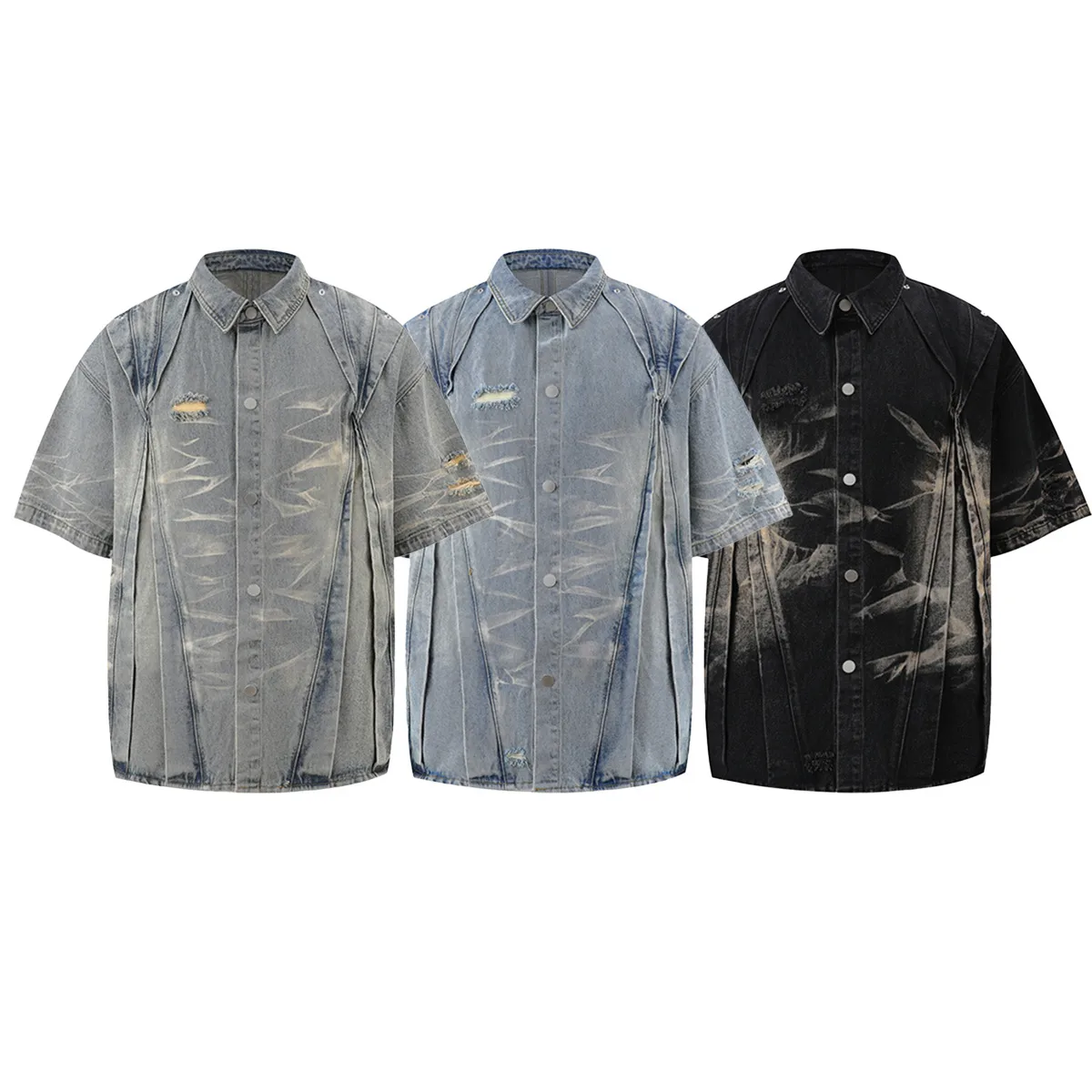 Jiayiku Men's  Summer New Style Niche Pleated Design Washed Denim Shirt Handsome Jacket Short Sleeve display picture 10