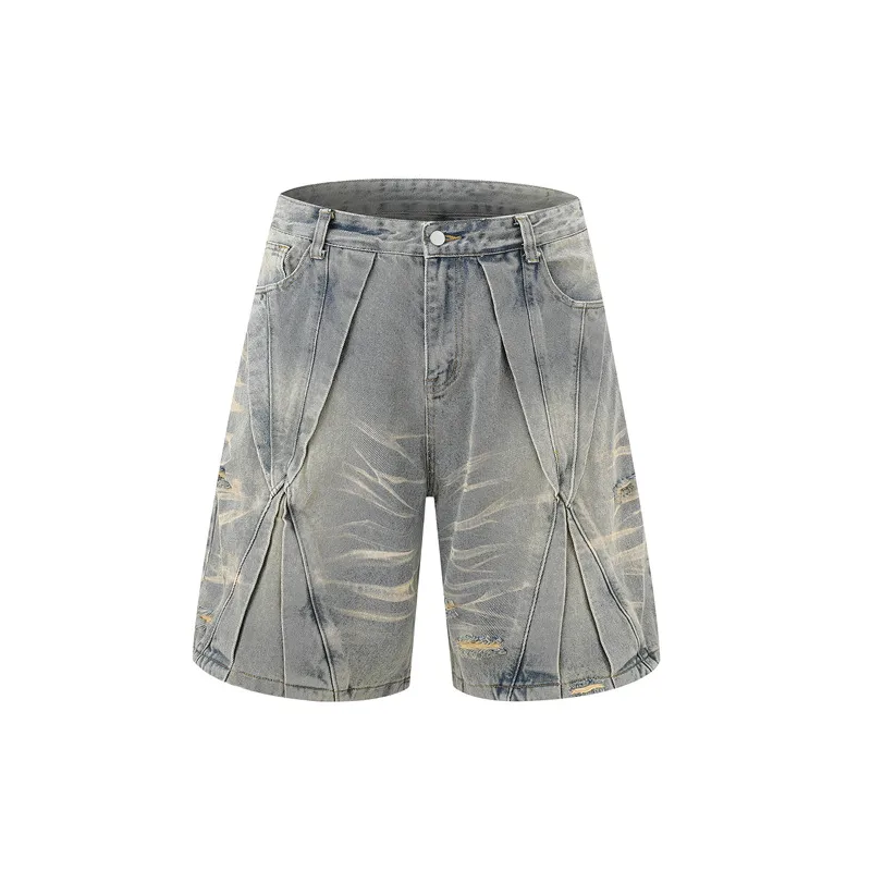 Jiayiku Men's  Summer New Style Niche Pleated Design Washed Denim Shirt Handsome Jacket Short Sleeve display picture 11