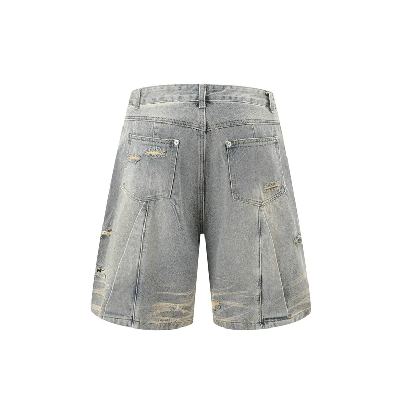 Jiayiku Men's  Summer New Style Niche Pleated Design Washed Denim Shirt Handsome Jacket Short Sleeve display picture 12