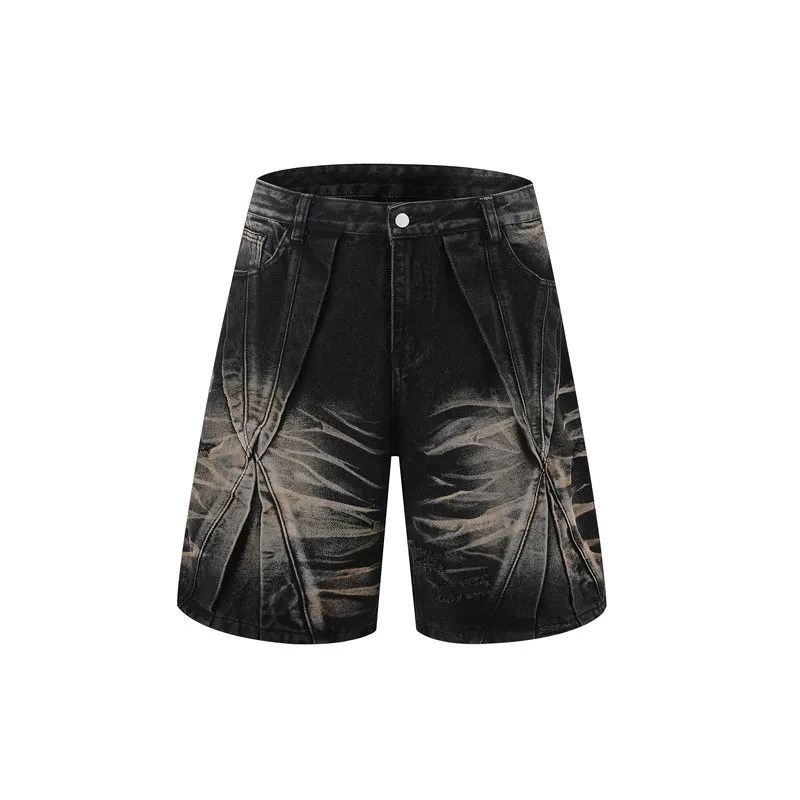 Jiayiku Men's  Summer New Style Niche Pleated Design Washed Denim Shirt Handsome Jacket Short Sleeve display picture 13